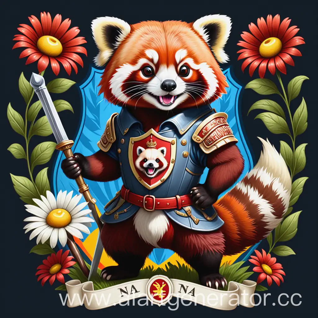 Герб, на котором изображена красная панда, стоящая на задних лапах. На фоне сабли, ромашки, огонь