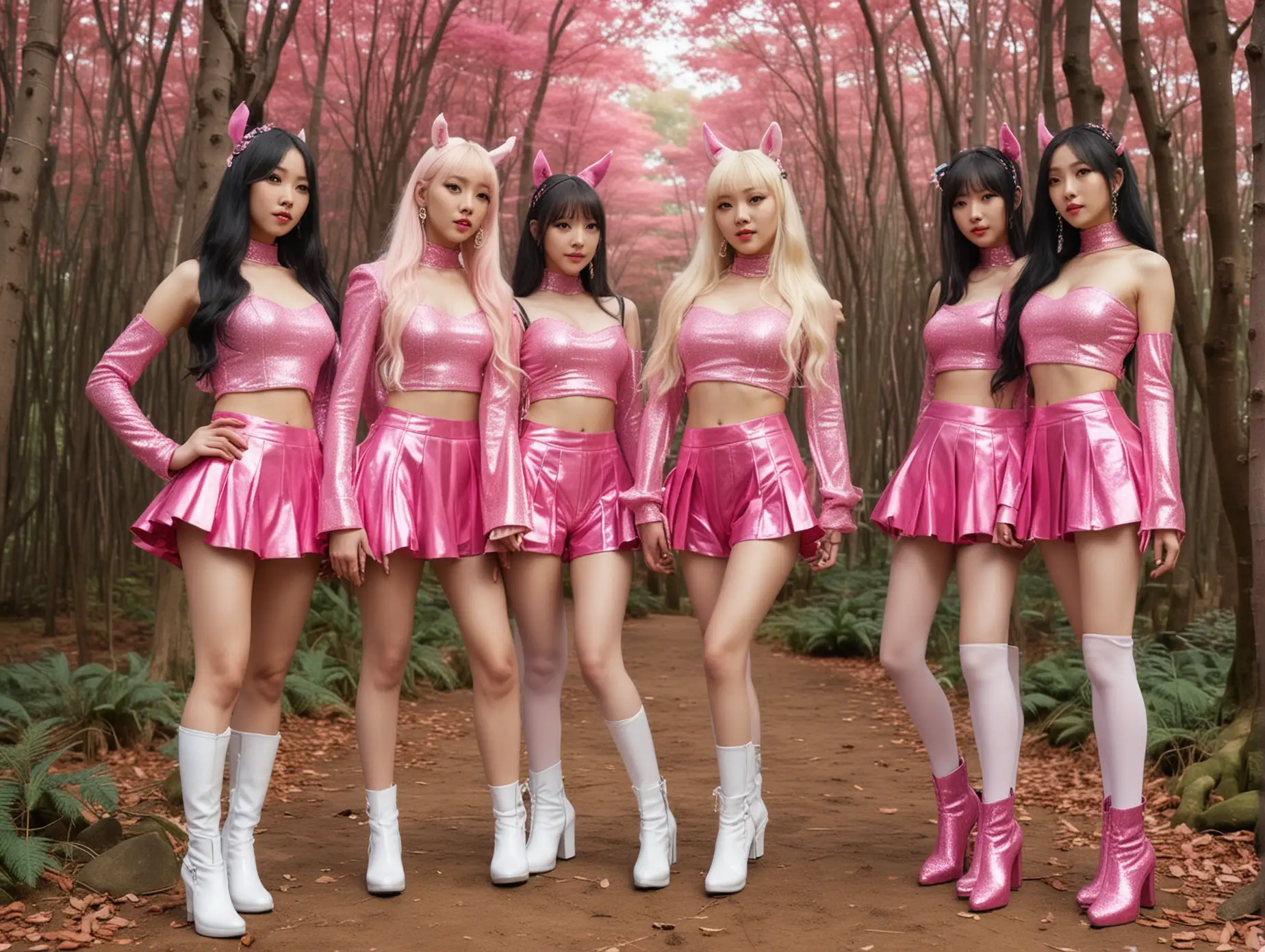 A group of five Korean elfique  with pointy ears women, four with long black hair and one with blonde hair, showcasing a variety of pink glittery performance outfits. Some wear shorts, others skirts, accentuating their long legs,  nice breasts all complemented by chunky white high-platform boots. They stand confidently in a full multicolor magical  and enchanted forest