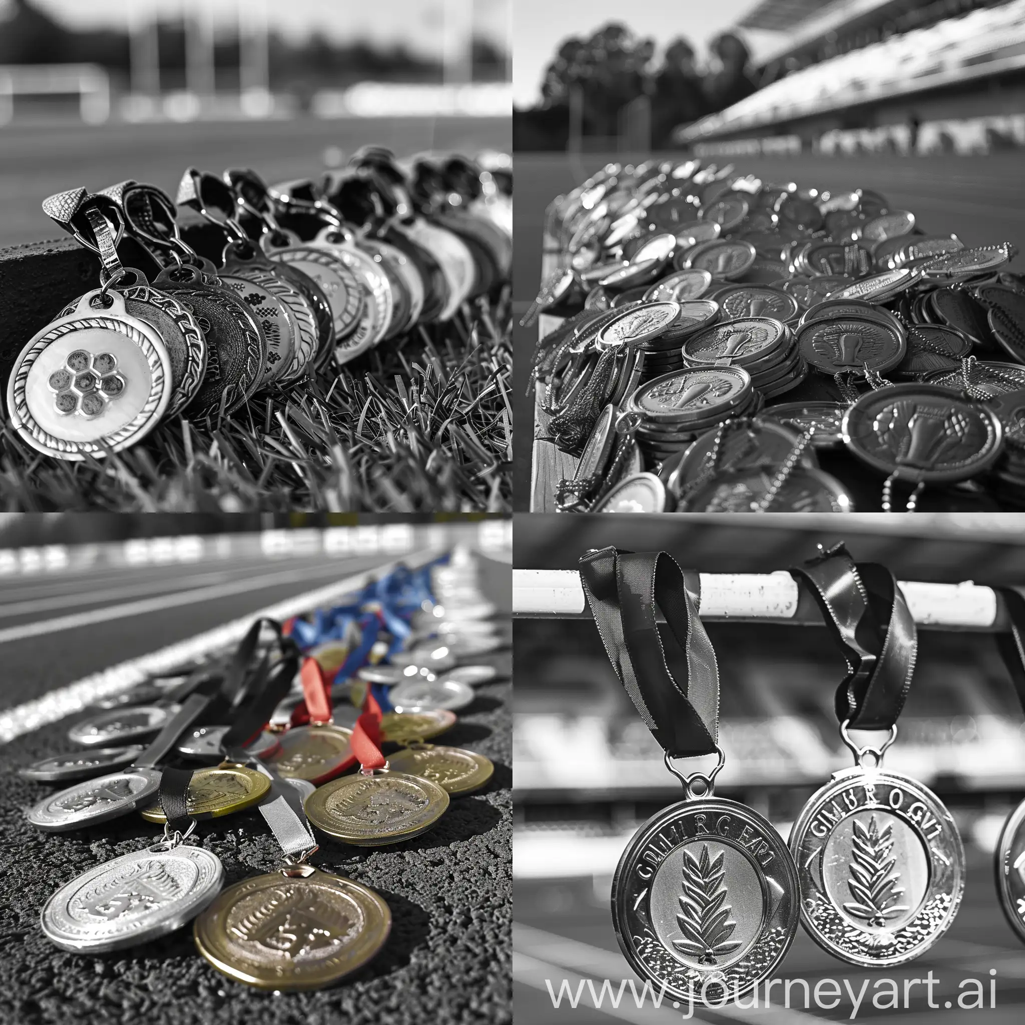 Medals on football stadium. Medals in metalic colours and stadium in grayscale.