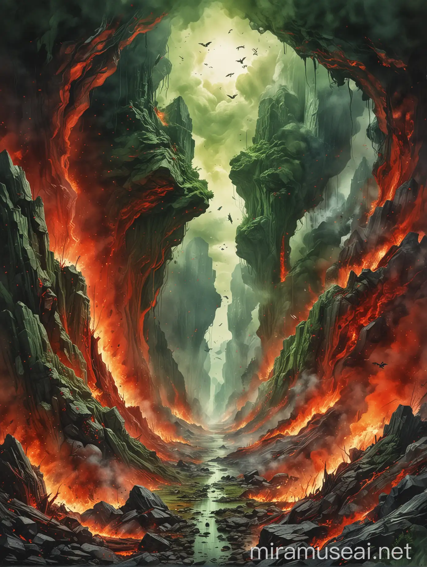 Apocalyptic Aerial Illustration Angels Falling from the Sky in a World Engulfed in Flames