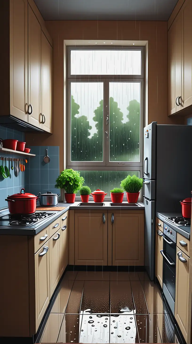 Cartoon big kitchen with extra space for walking, there is a window and it is raining outside