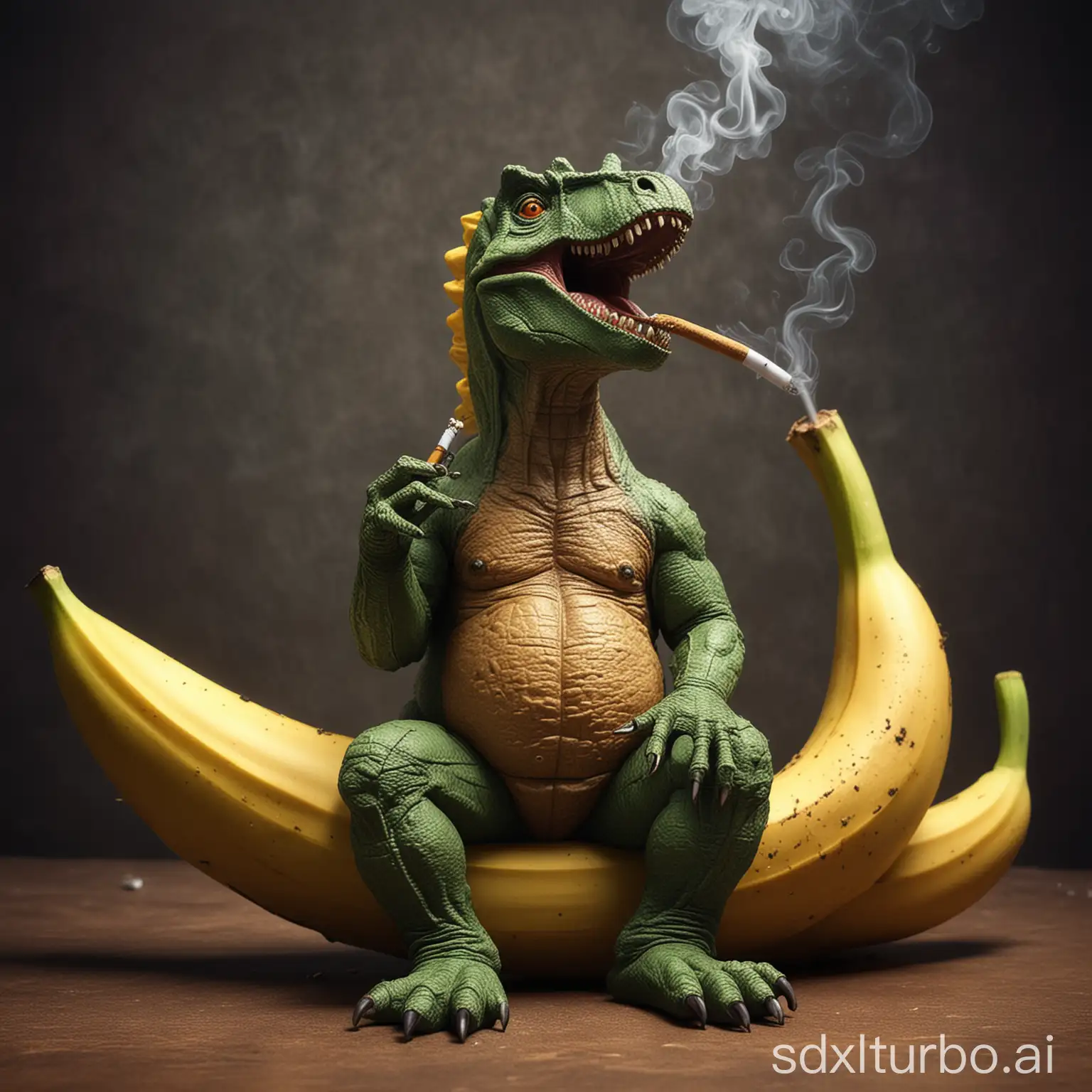 Create a dinosaur smoking a blunt whilst sitting on a banana