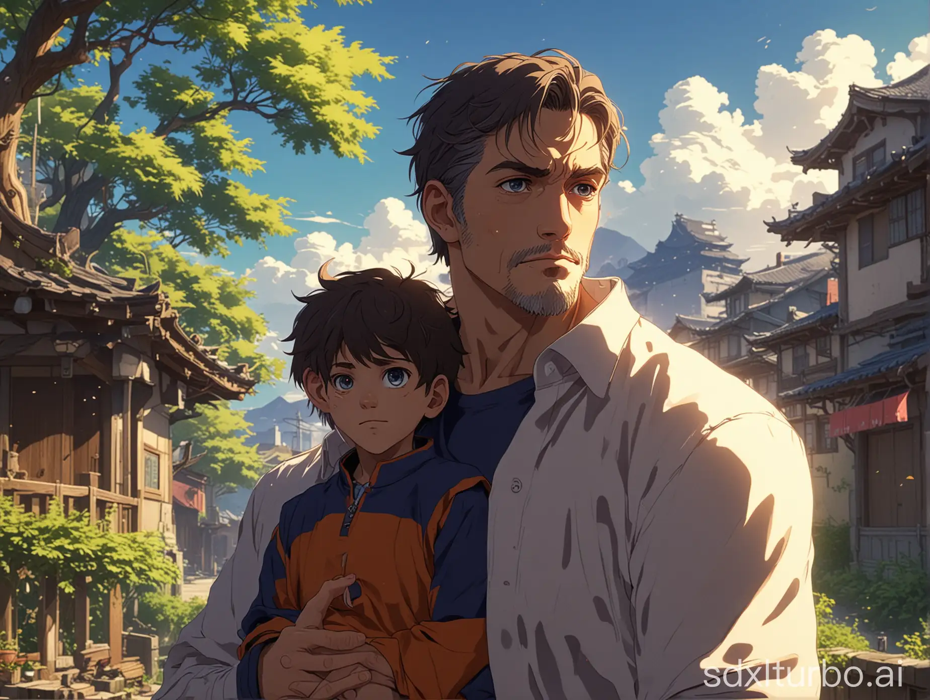 father and son, high-end, anime style, colorful character image, high-definition image, rich in detail, movie-like feeling
