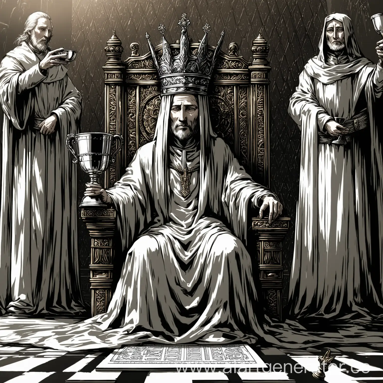 человек стоит на коленях перед сидящим на троне правителем, дарит серебряный кубок, лицо правителя скрыто