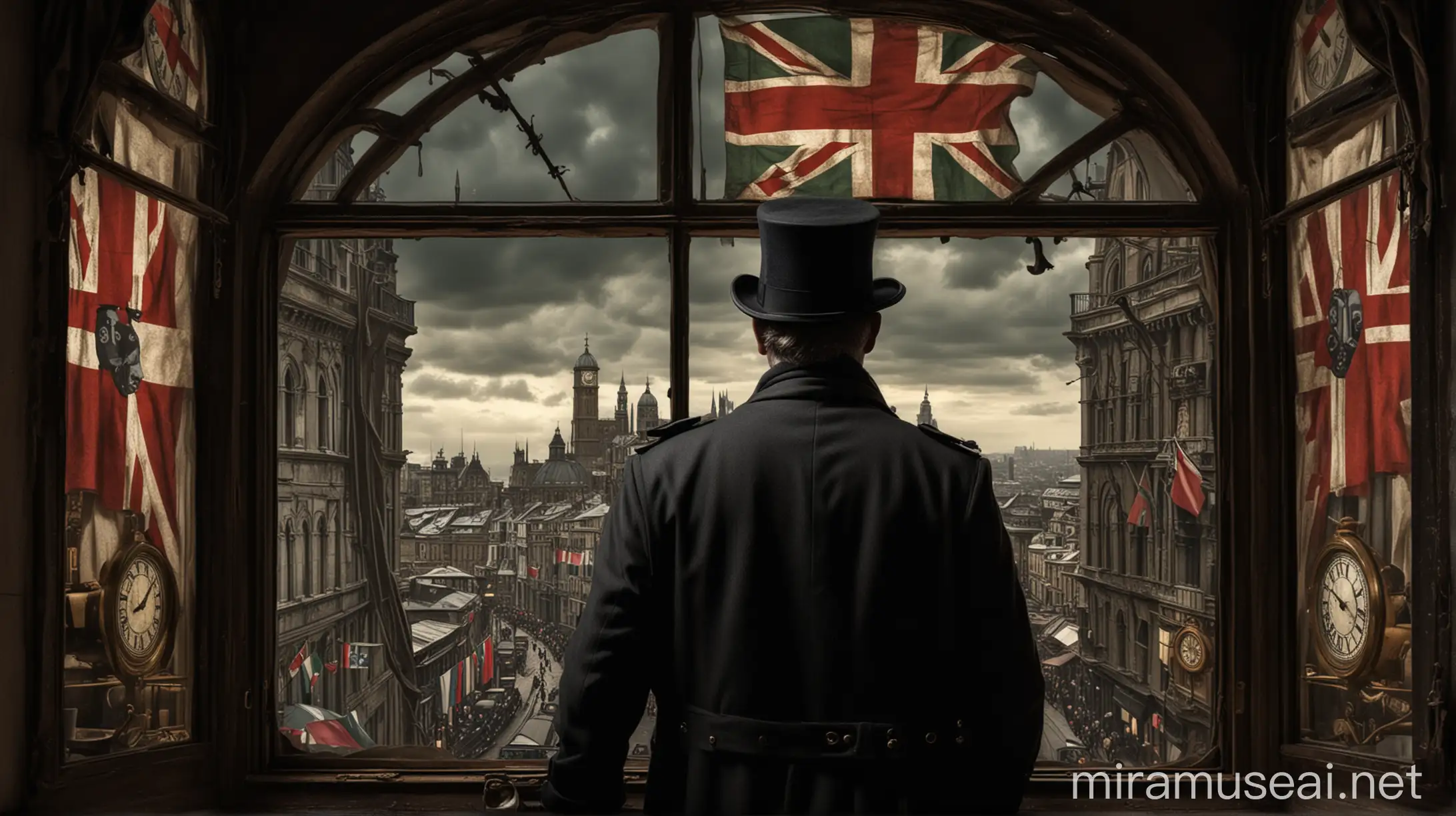 an aristocratic victorian man from behind wearing a overcoat and top hat looking through a giant window with fascist italian royal flags, showing an entire large steampunk city, victorian clock towers, various zeppelins in the sky and trains at a dark night.