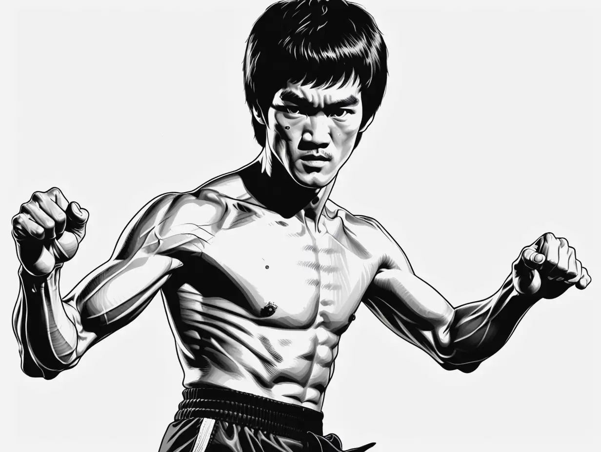 Bruce Lee in a fighting stance, ink line art