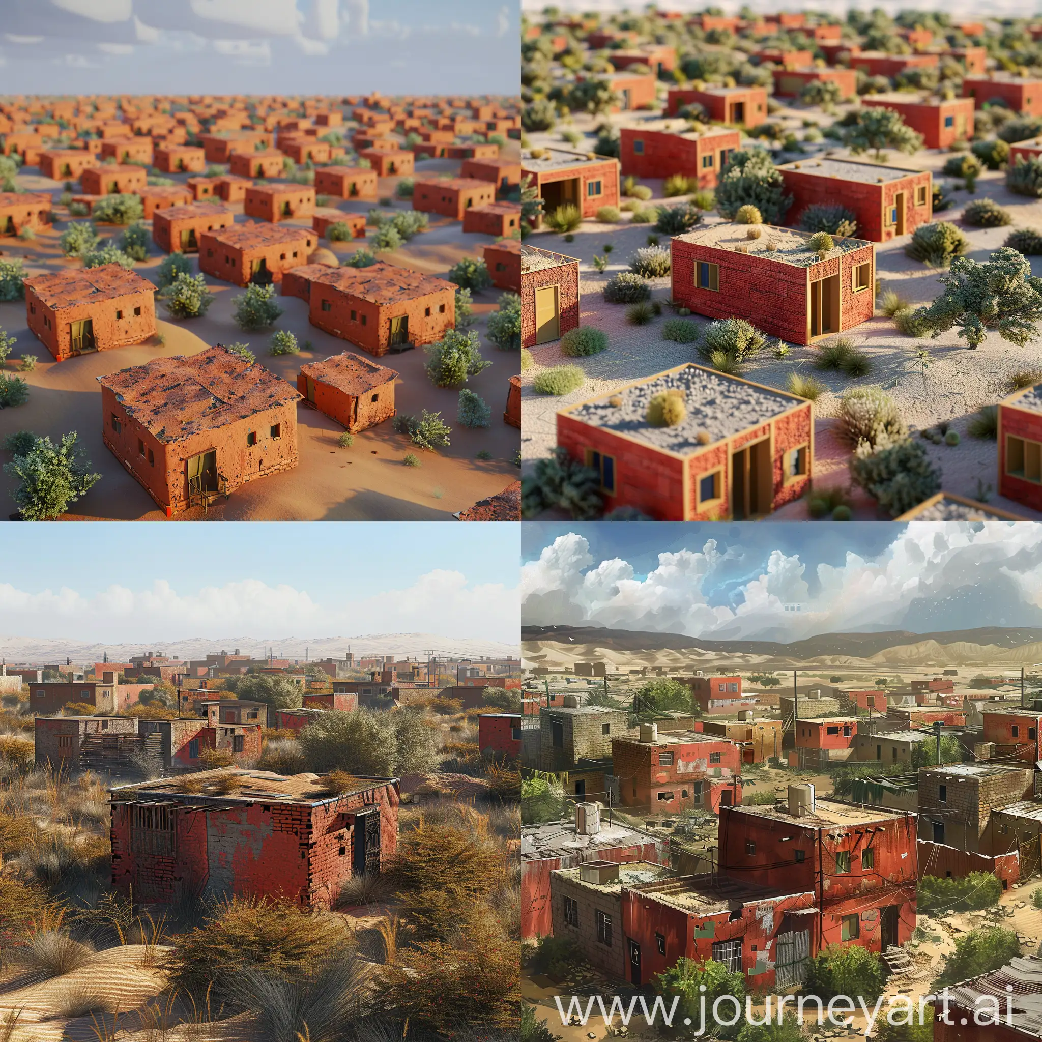 Red brick slum in a desert area where bushes are planted in 2D