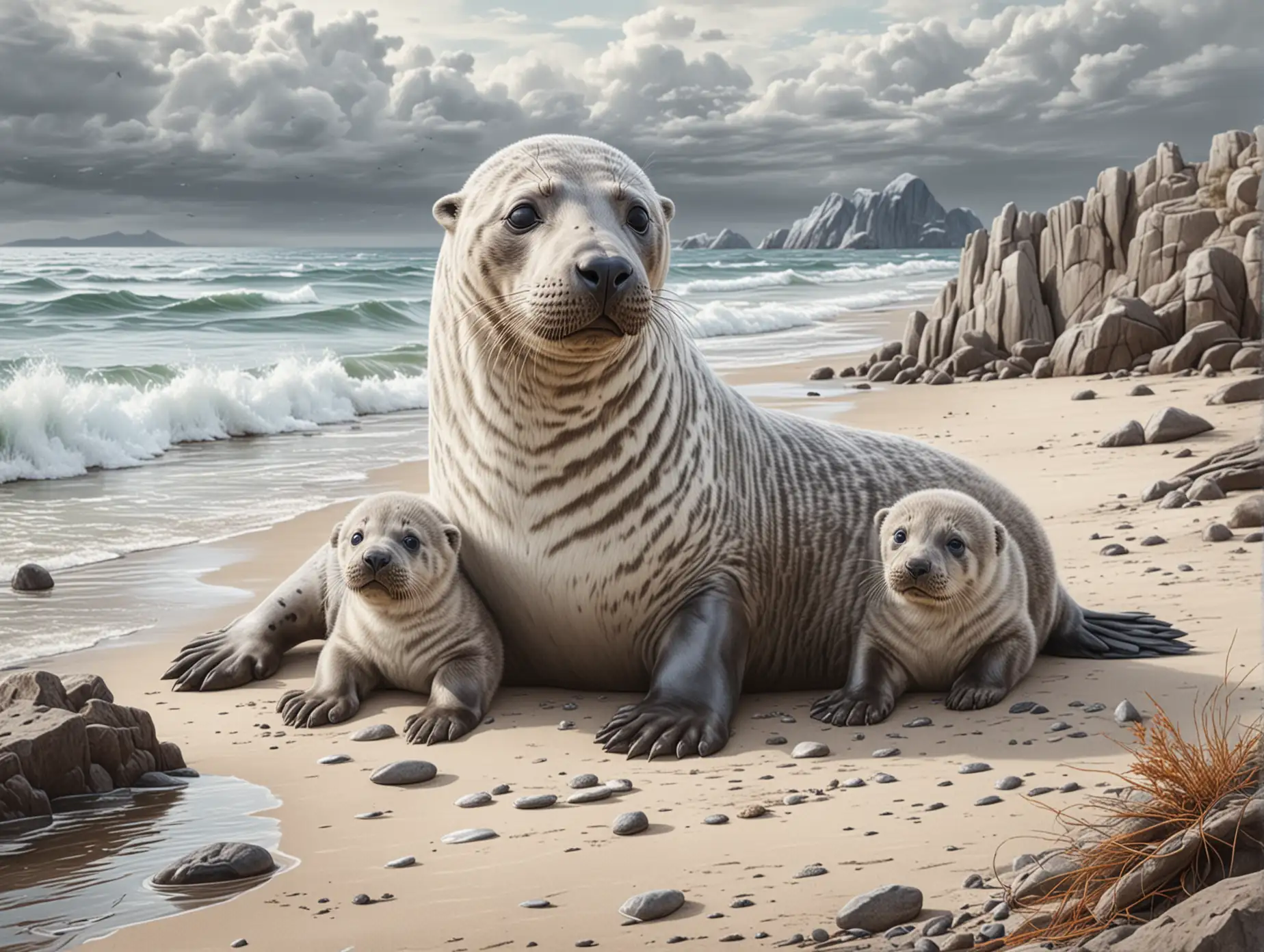 Detailed-Pencil-Drawing-of-a-Baikalski-Seal-and-Cub-on-Shore