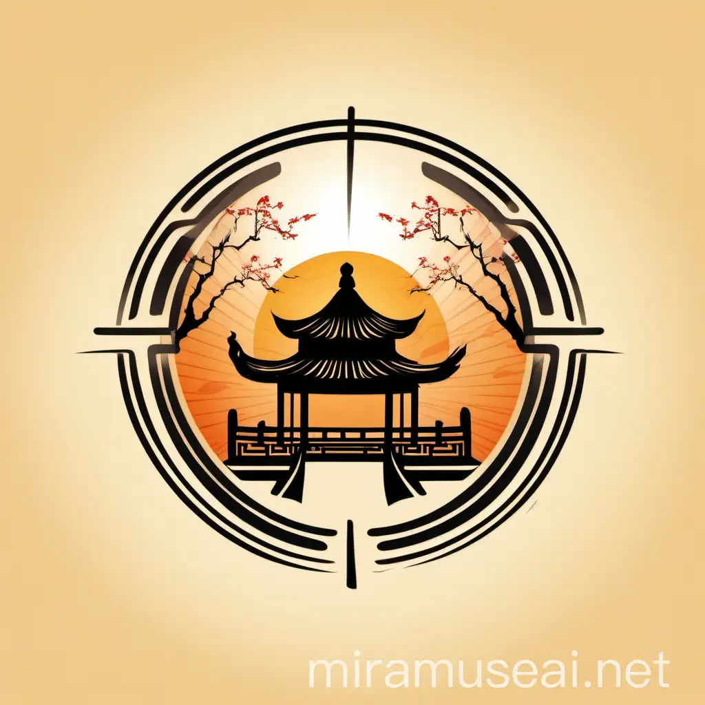Round logo, Chinese tea house with a rising sun and sun shafts behind it inside, caligraphy brush strokes, 