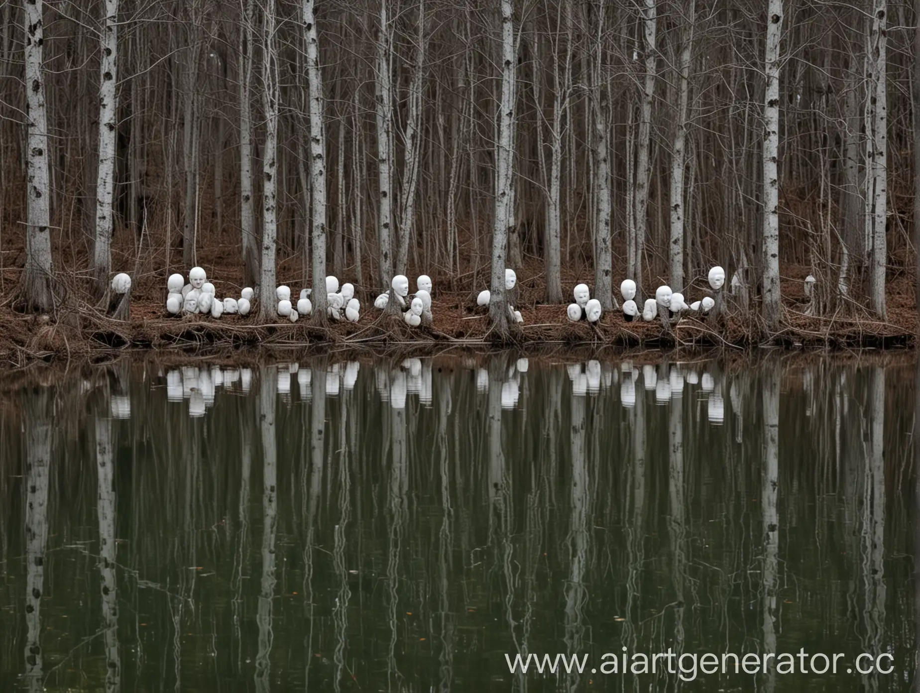 Small, round, white faces stared back at me from across the lake. Maybe 15-20 of them. All were positioned in such a way that their bodies were behind the trees and only their heads were visible. The best way I can describe the faces is like very pale, somehow internally illuminated children.
