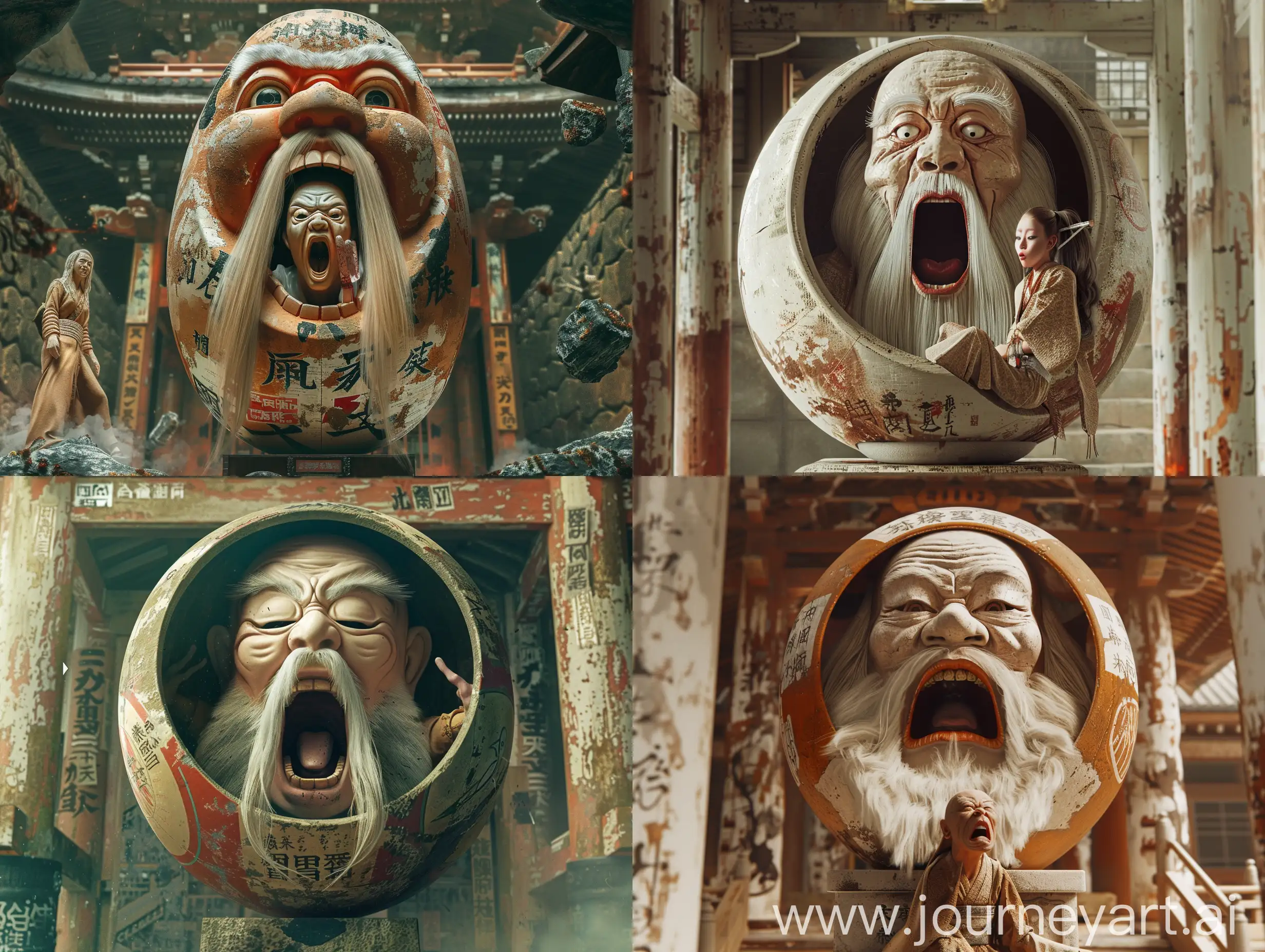 cinematic, realism, Depiction of a yokai ((( The giant Daruma has the body of an old monk, with his mouth wide open, and inside his mouth is a long-haired Japanese woman ))), sits on a japan shrine above the abyss, cinematic, realism, Using (((imagination))) to craft a photorealistic representation of an unusual fantasy dream, Abandoned ancient temple in Tokyo, Amazing, shocking, Mysterious, Contrasty, ivory colors, Memphis, The UHD camera captures every detail of this moment, highlighting the colors and textures. Render him in a photorealistic style, cinematic, capturing the fine details of him features and surroundings. Pay close attention to realistic skin tones, textures, and lighting conditions. Ensure the image is in high resolution, such as 8K, to showcase the intricate details and allo