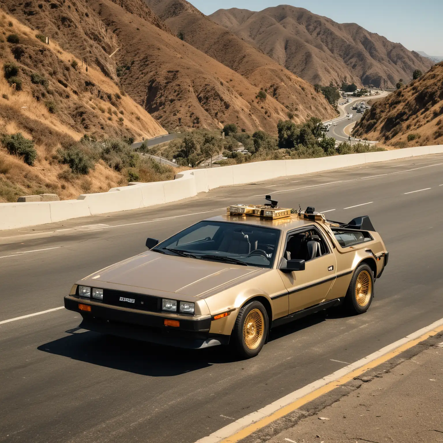 1985 Delorean with gold trues an vogues rims driving down california 
highway 1