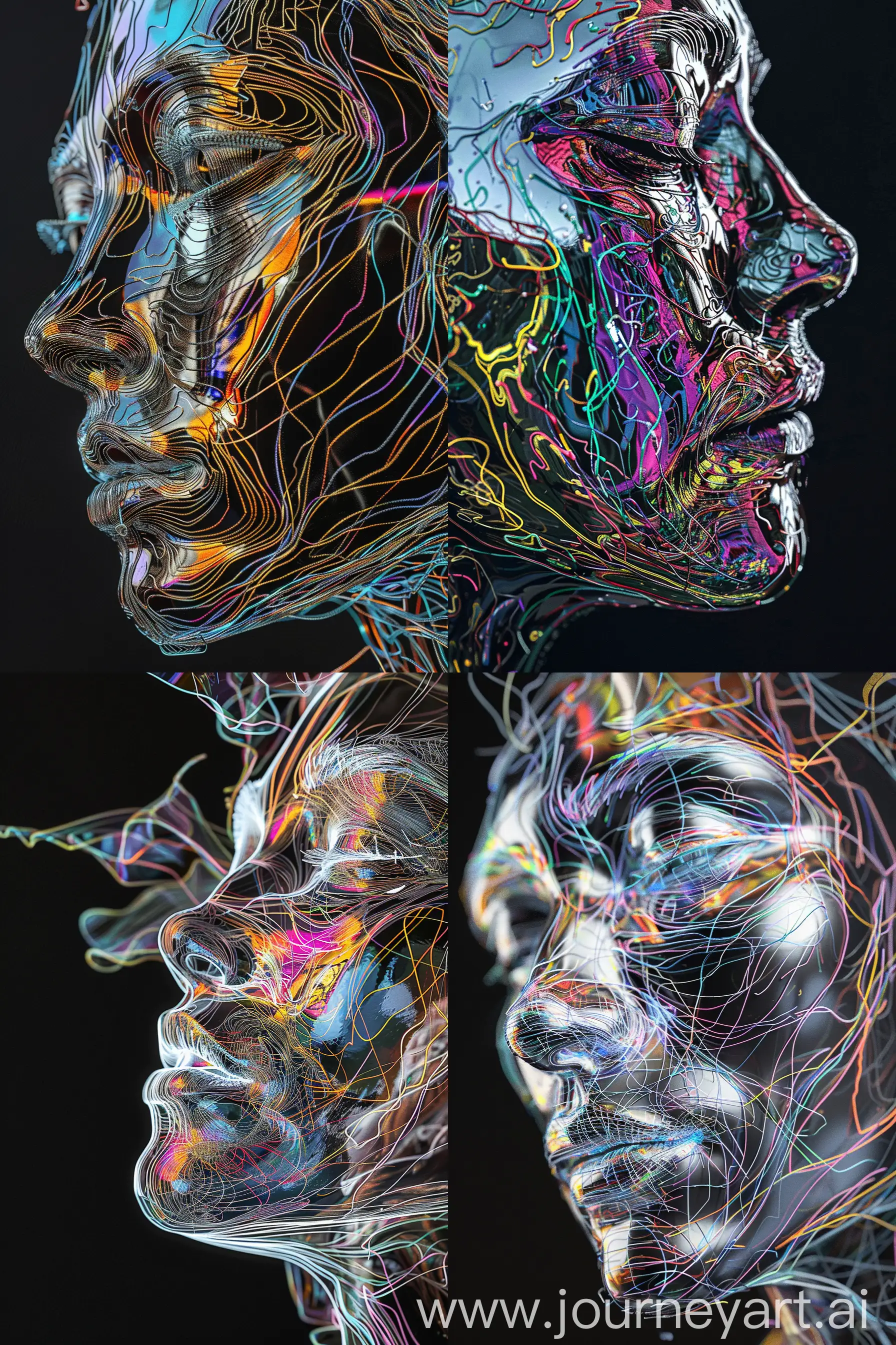 a close up of a drawing of a flower, portrait of metallic face, colorful generative art, face line drawing, generative line art, houdini algorithm generative art, colorful melting human head, generative art, portrait of a digital shaman,black background, wire sculpture drawings —ar 2:3