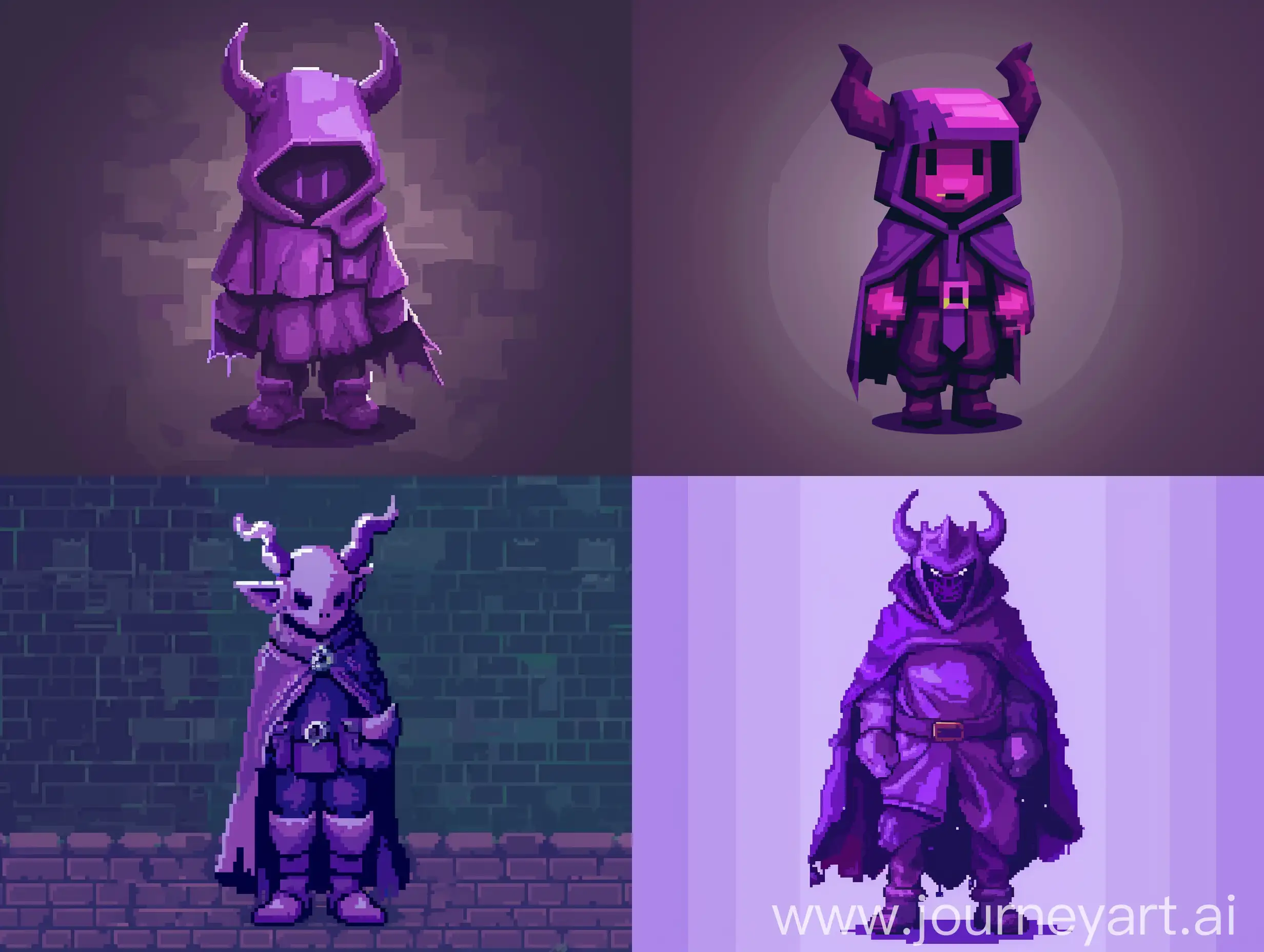 создай пиксельного персонажа в фиолетовых оттенках с рогами демона и плащом для игры жанра Roguelike

