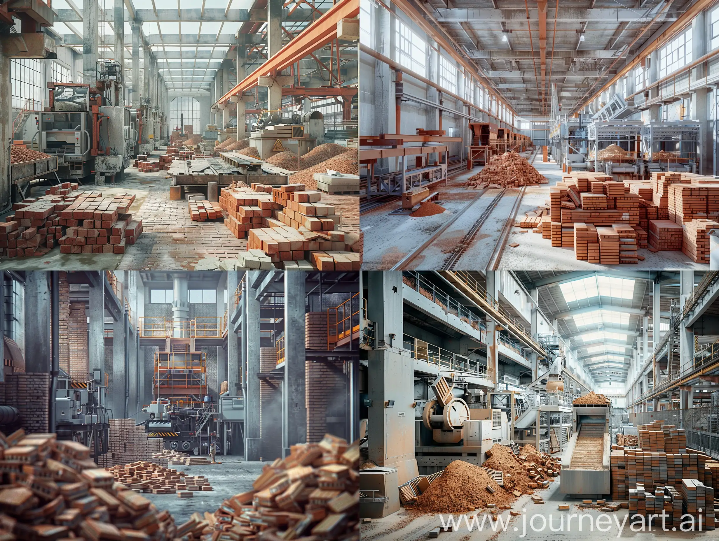 hyper realistic photo shoot of inside of a modern and up to date brick factory, with machines and piles of bricks