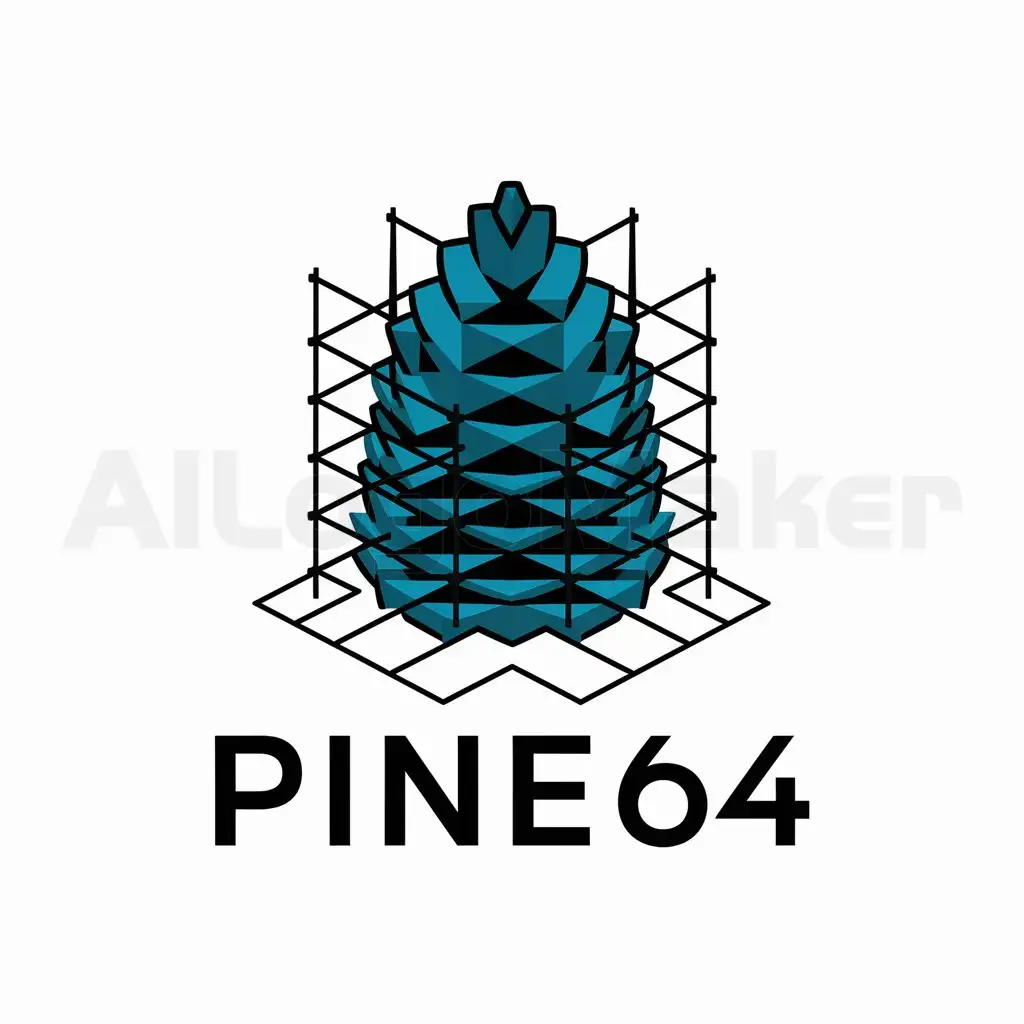 a logo design,with the text "PINE64", main symbol:A technology based isometric 3d pine cone with scaffold around it, indicating its a giant server in the shape of pine cone being built like a giant tower in the middle of a city,Minimalistic,clear background
