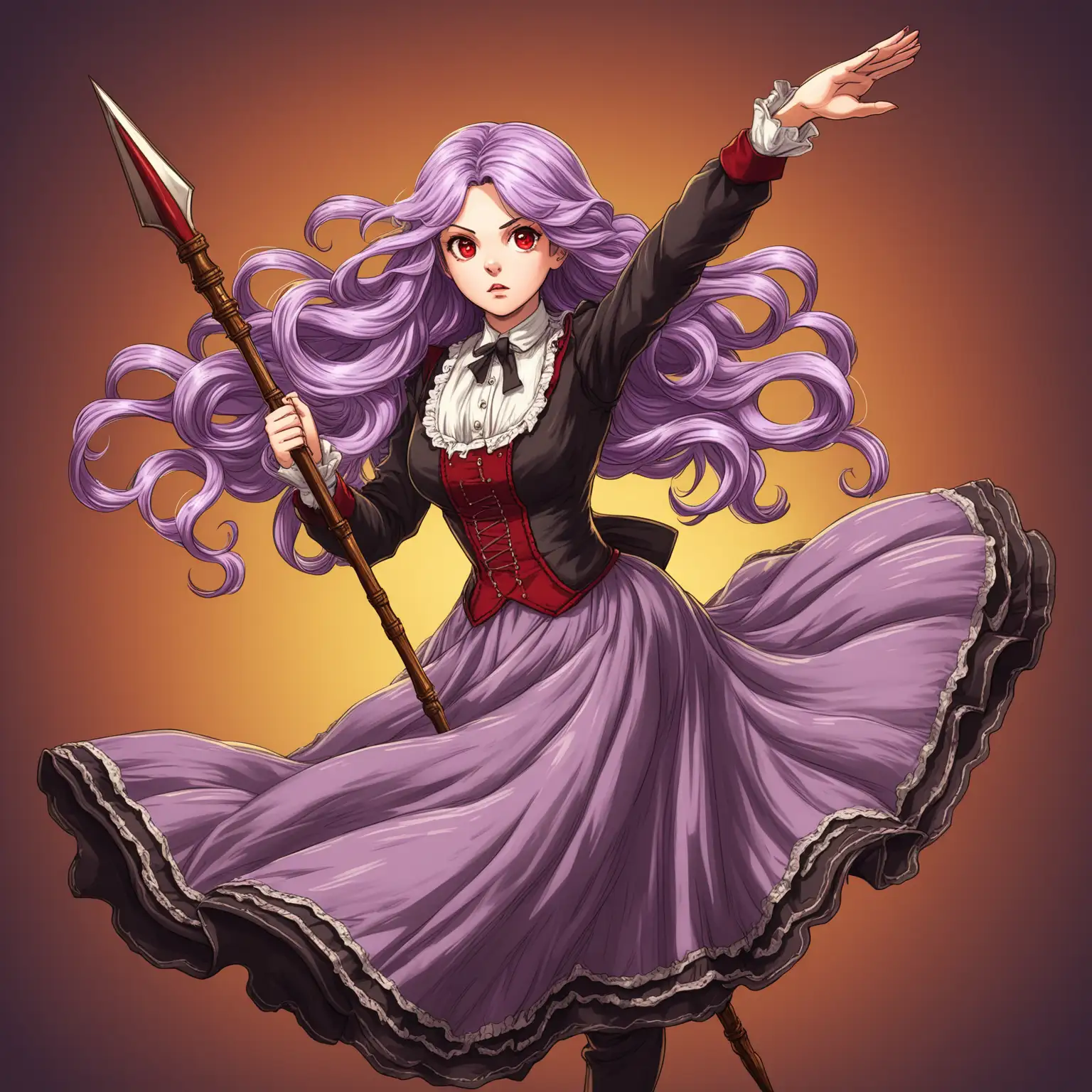 Female, long wavy lilac hair, red eyes, old timey outfit, vibrant spear, dynamic pose