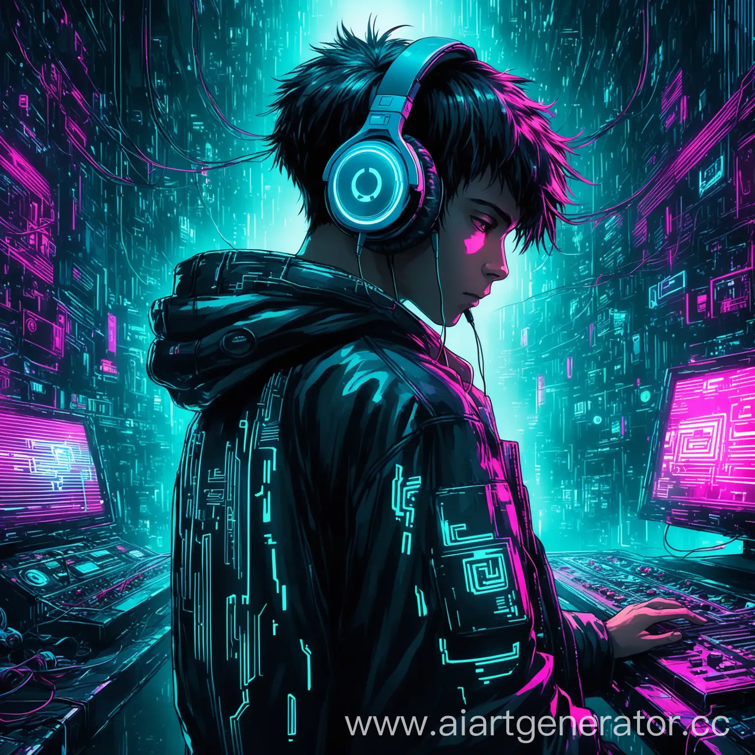 Boy-Immersed-in-Music-in-Cyberpunk-Style