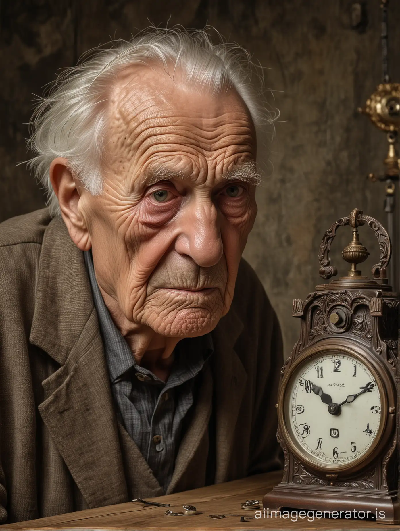 A very detailed portrait in a photo studio of a 90-year-old man with a wrinkled face, thinking about the meaning of life. In the background is an antique carved pendulum clock. The image is detailed and clear, suggesting it was taken with a high-quality camera such as a Nikon D850 using a portrait lens.