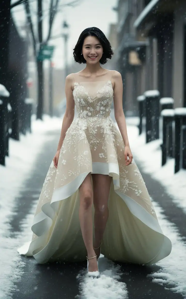 in winter ,Aragaki Yui  walking down the street, wearing a flowing summer dress. Smiling. realistic photo