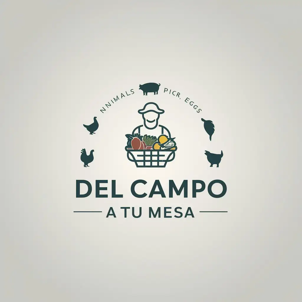 a logo design,with the text "Del campo a tu mesa", main symbol:The idea of the logo is that highlight the products we sell that are organic from the field are meats fish pork chicken eggs and vegetables fruits tubers that see the animals but that it is a logo easy to remember,Moderate,clear background