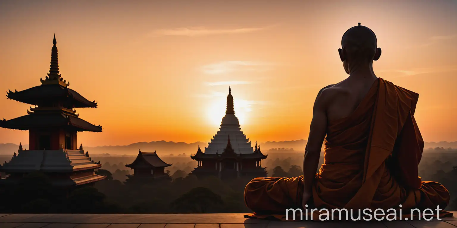 siluteta oscura de un monje meditando con un atardecer de fondo y un templo budista

La imagen se obserba desde lejos