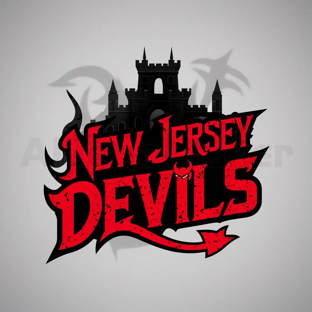 a logo design,with the text "New Jersey Devils", main symbol:The Wordmark 'New Jersey Devils' in a very devilish font and in red text with devil horns coming out of the New Jersey Part of the 'New Jersey Devils' wordmark as well as a devil tail coming out of the D in 'Devils' with the Devil's Castle behind the wordmark.,Moderate,clear background