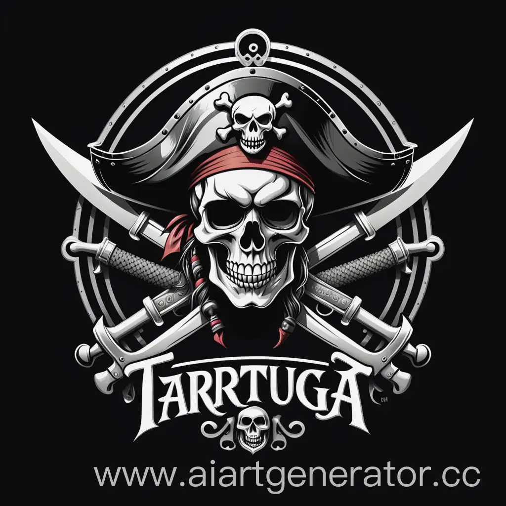Логотип на черном фоне, пиратский корабль, по центру череп, по бокам мотоциклы, внизу название «Тартуга»