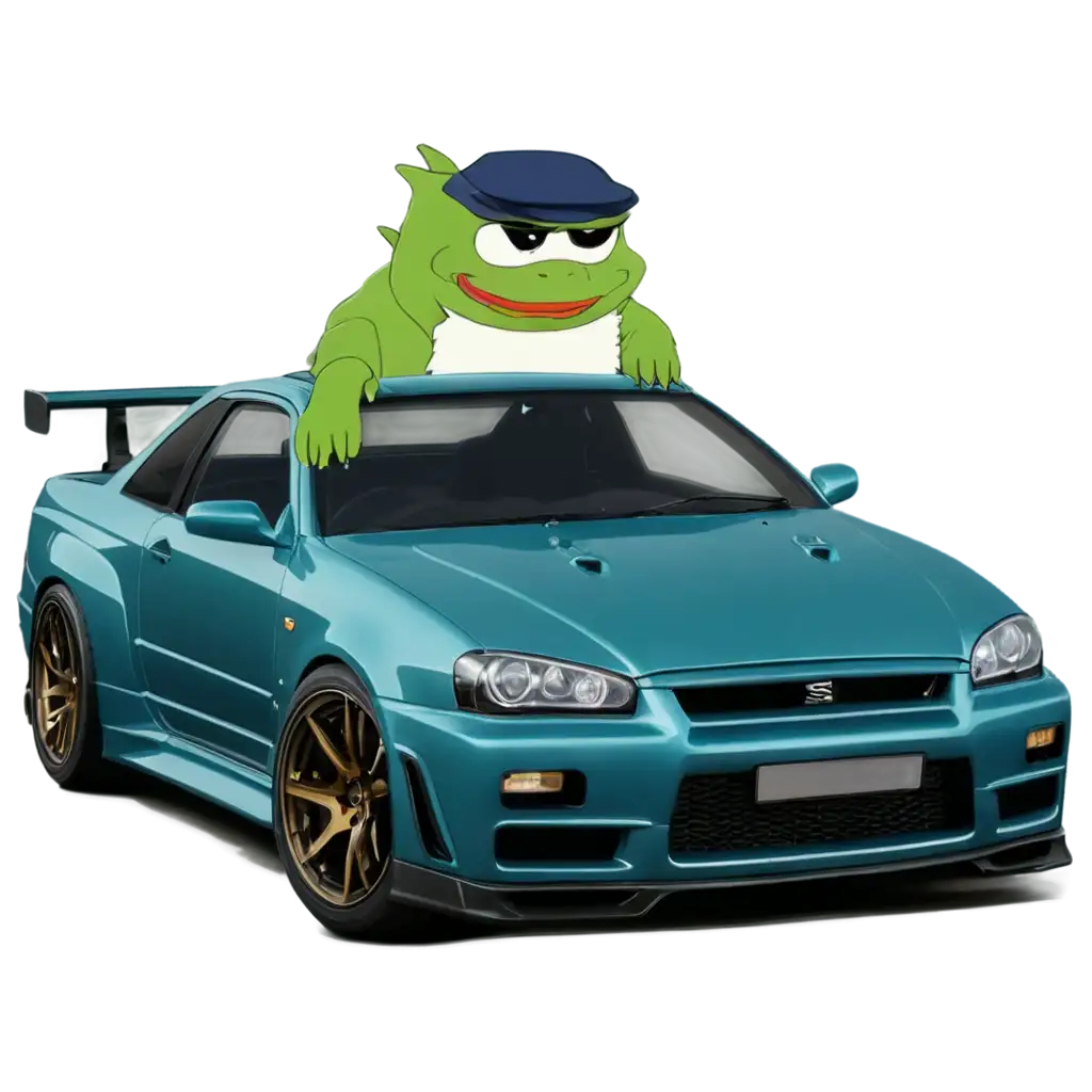meme Pepe riding a Nissan Skyline R34