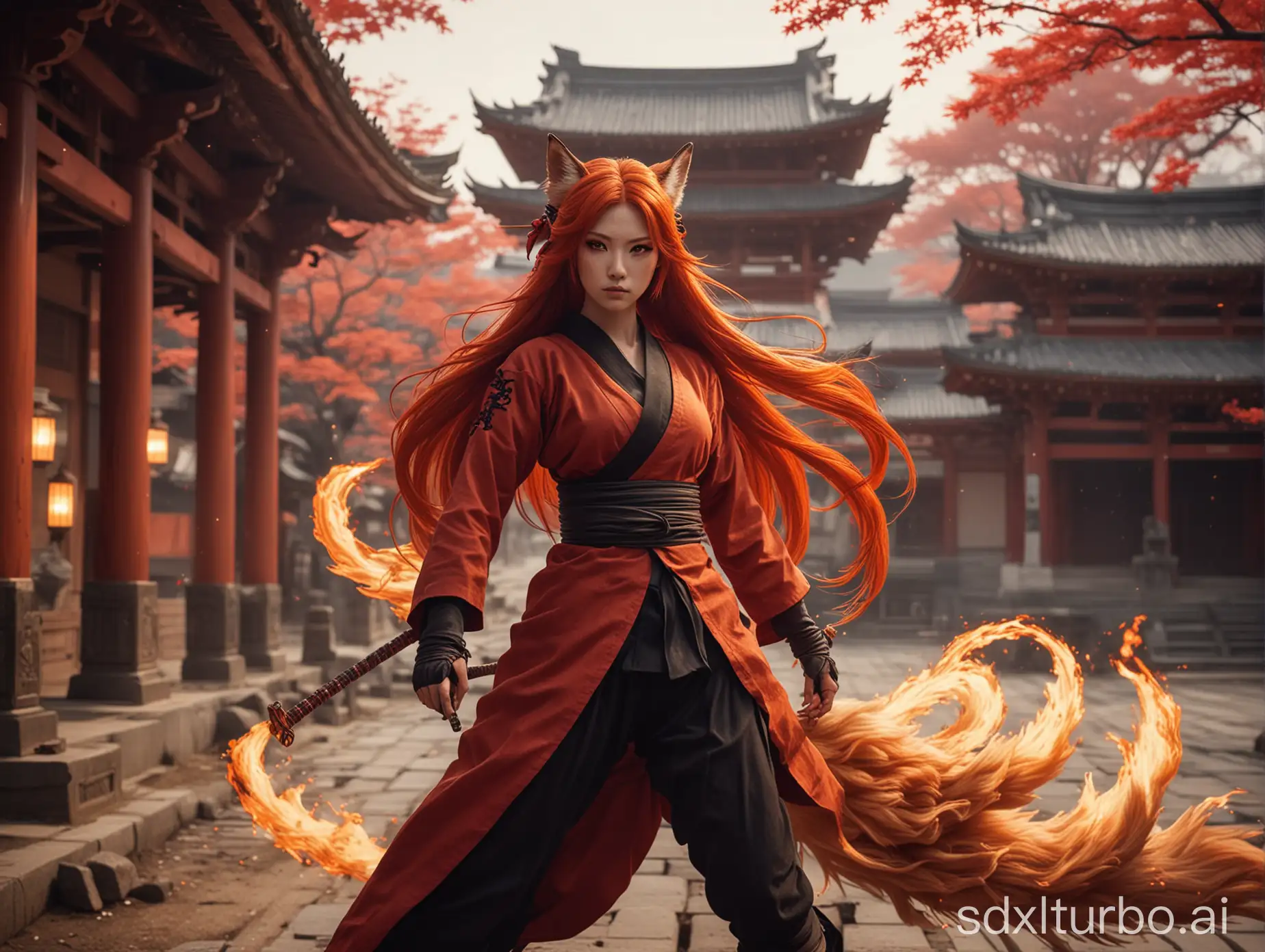 a Japanese ninja nine tails fox-girl, long red fire hair, aesthetic ancient temple background, high quality, high resolution, high precision, realism, color correction, proper lighting settings, harmonious composition