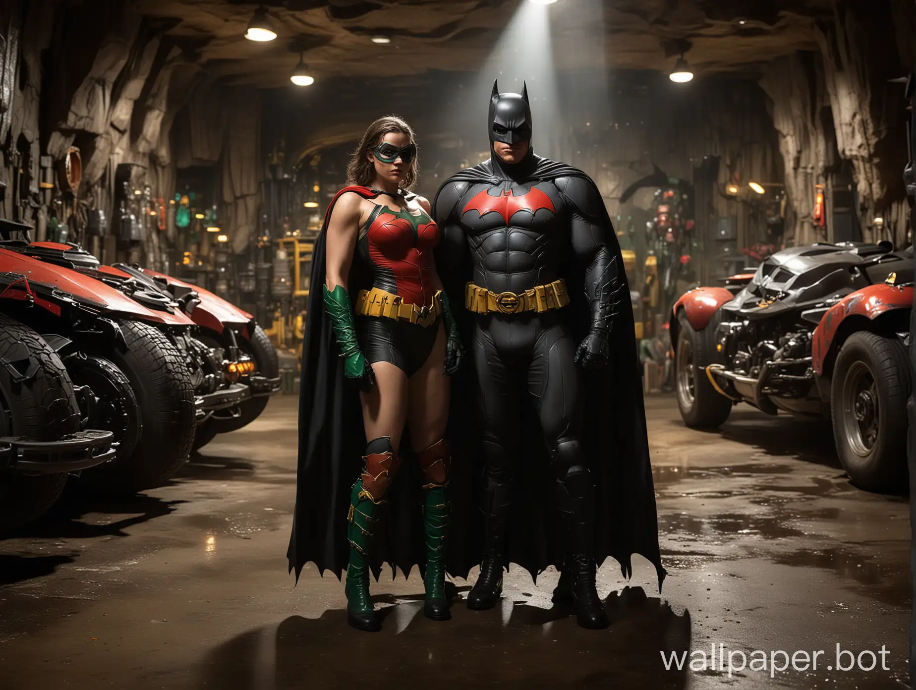 A striking candid photograph featuring a muscular Batman and a plump Robin, also known as Boy Wonder, standing together in the iconic Batcave. Batman dons his traditional dark armour, while Robin sports his colourful costume in this vibrant scene. The Batmobile, a classic sleek design, is visible in the background, and a spotlight illuminates the trio. The overall ambiance of the image exudes a sense of camaraderie and determination.