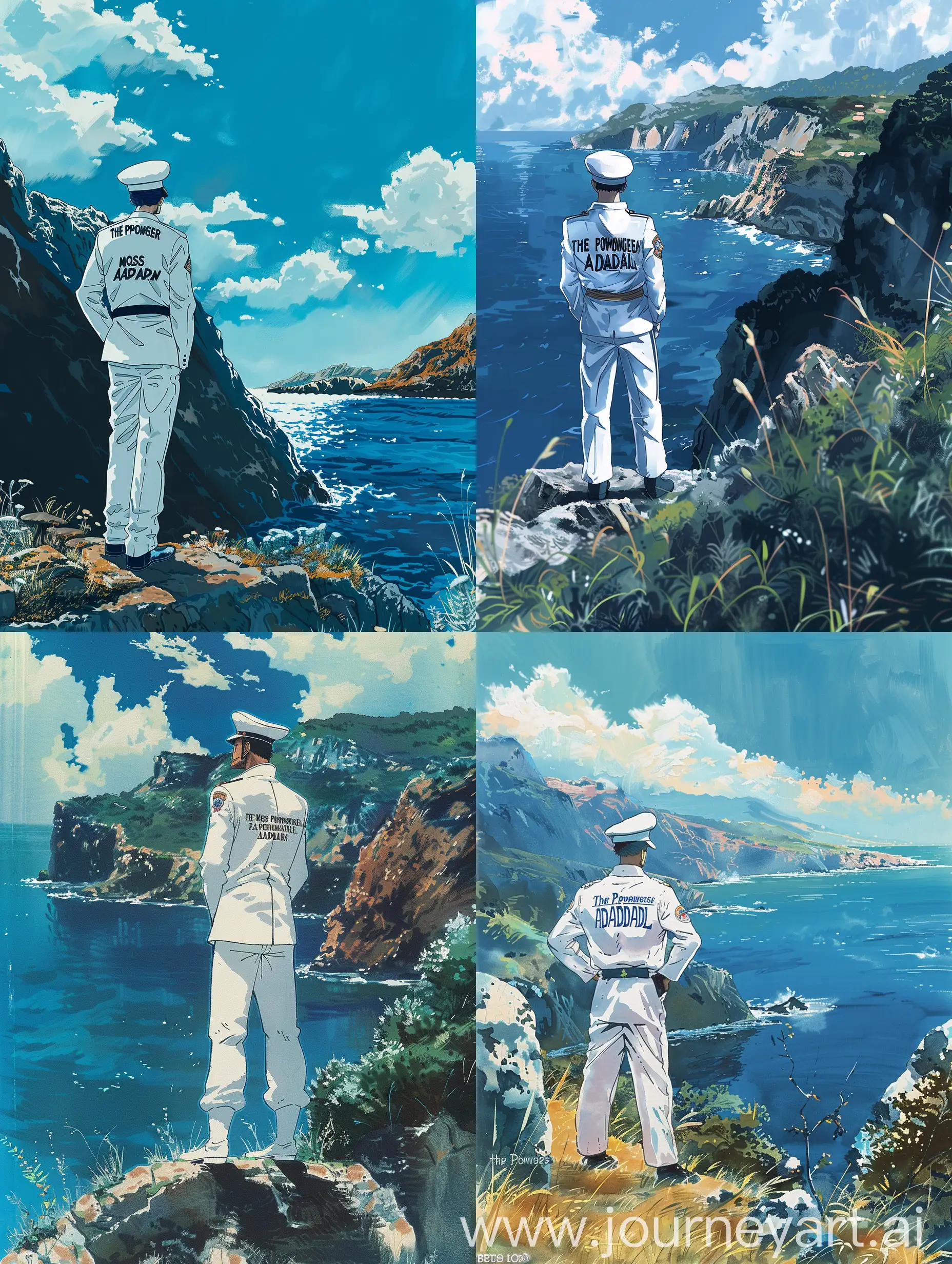 A marine soldier from the anime One Piece appeared, standing on the edge of a mountain hill in front of the sea.  He wears a white navy uniform, with "The Most Powerful Admiral" written on his back. Anime style, book cover