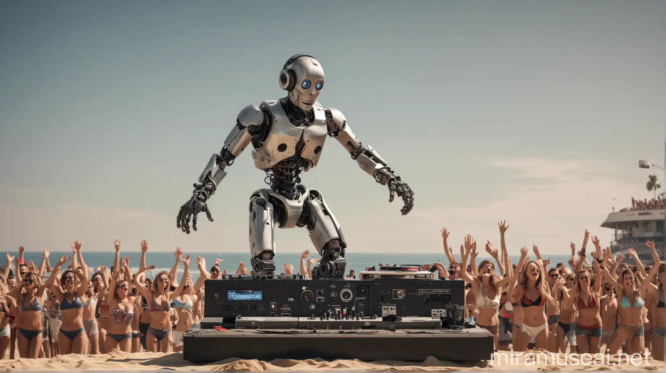 Un disc jockey robótico, encima de un escenario dentro de un Chill Out con personas saltando de alegria en las playas de Barcelona (España), enfocando al DJ situado a la derecha de la imagen y como fondo de la imagen rellenado con el resto de elementos