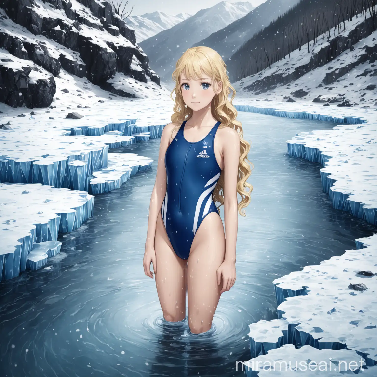 two 21 year old beautiful women swimmer, blond, high-leg-cut Adidas competition one-piece-swimsuits, standing in a mountain stream, long wavy hair, winter, ice, snow, frozen, freezing, shy smiles