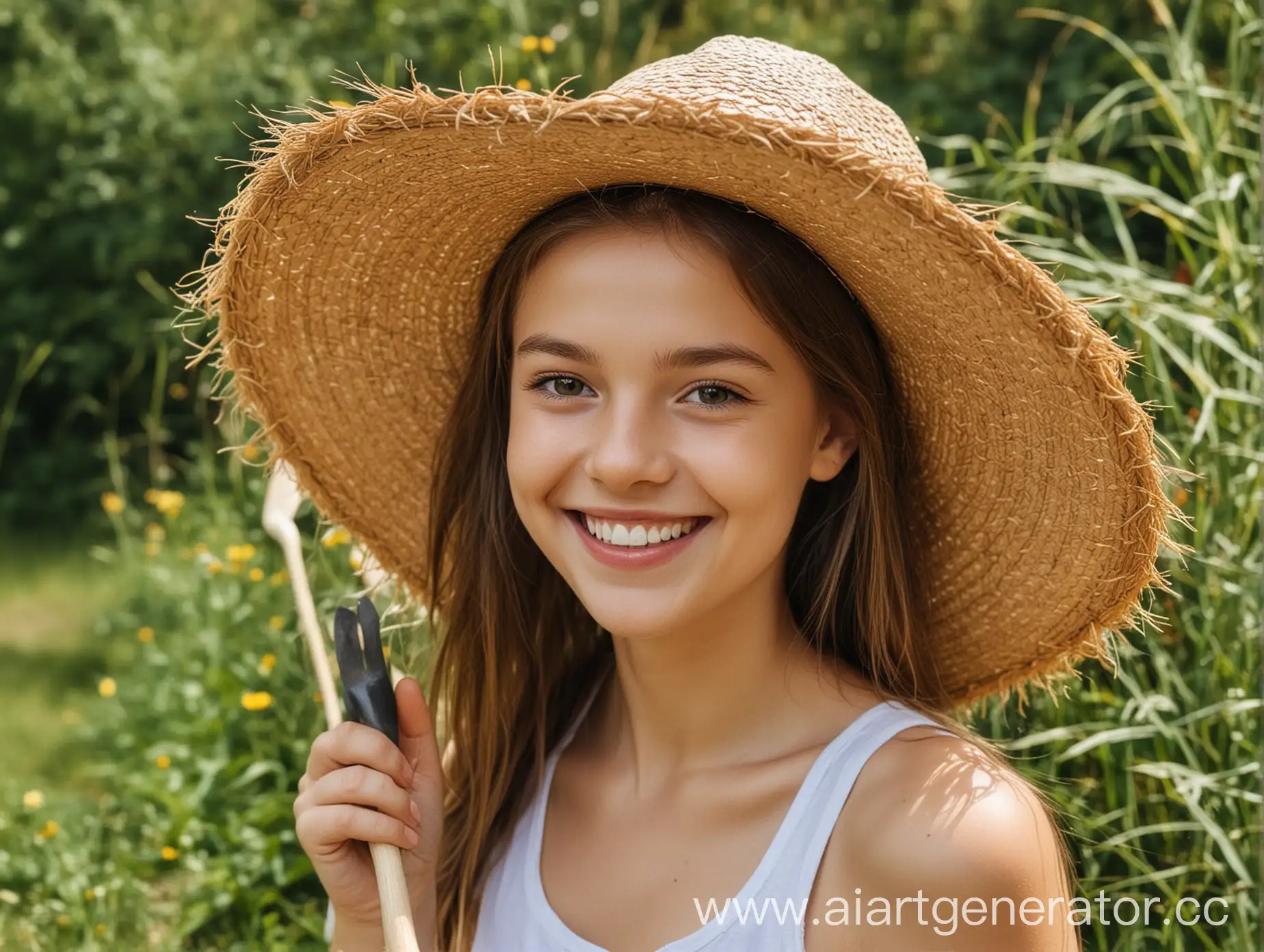 девушка улыбается в соломенной шляпе с садовыми инструментами у лица