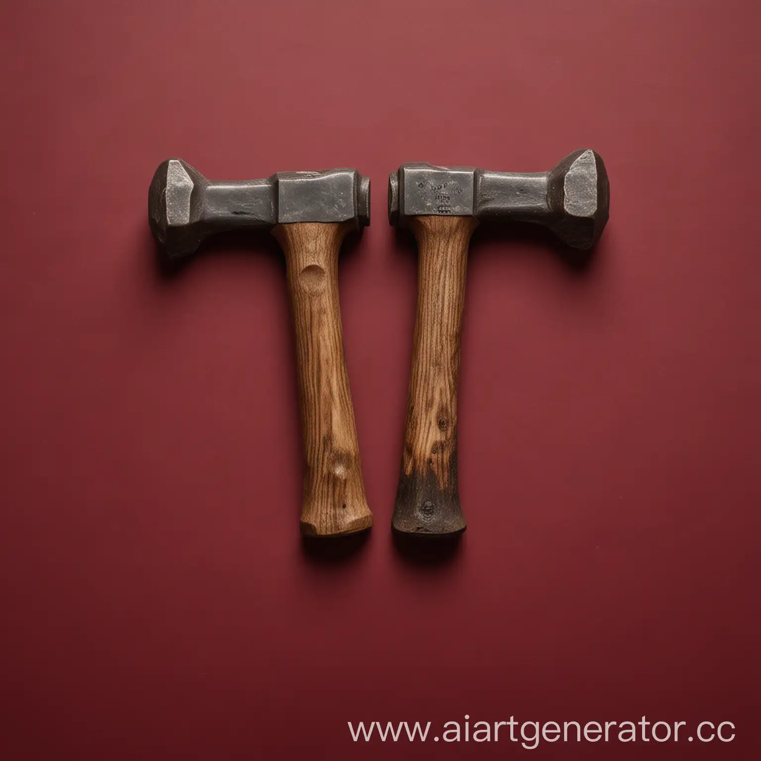 Pair-of-Hammers-on-Deep-Red-Background-Essential-Tools-for-Crafting-and-Construction