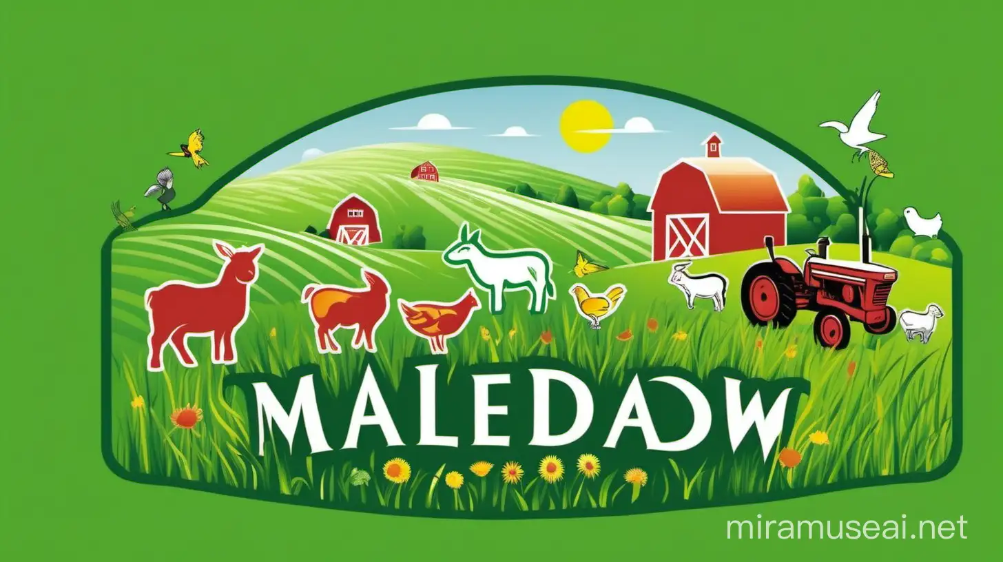 a logo that looks a meadow with a farm and some animal on it