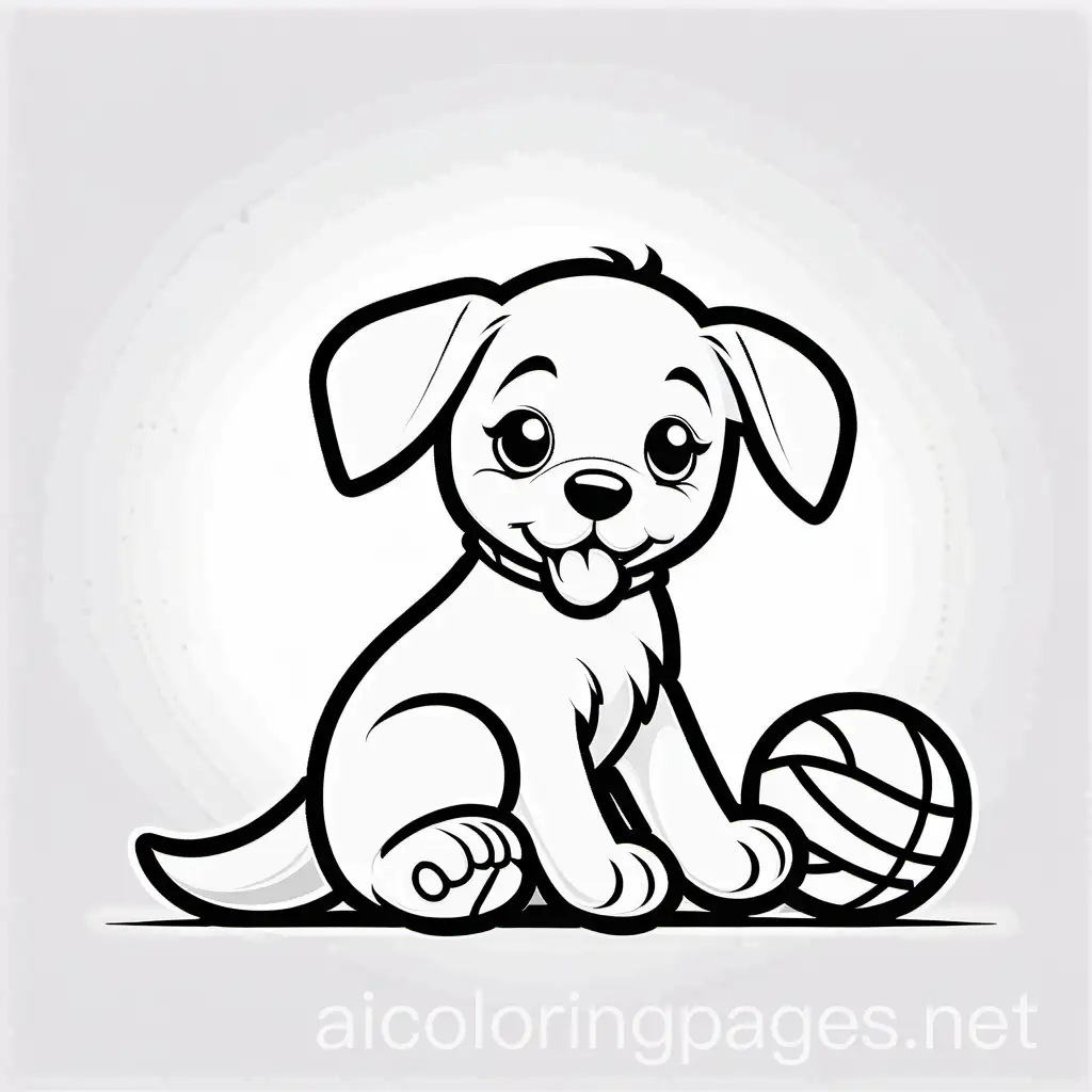 An adorable puppy playing with a ball in white background , Coloring Page, black and white, line art, white background, Simplicity, Ample White Space. The background of the coloring page is plain white to make it easy for young children to color within the lines. The outlines of all the subjects are easy to distinguish, making it simple for kids to color without too much difficulty