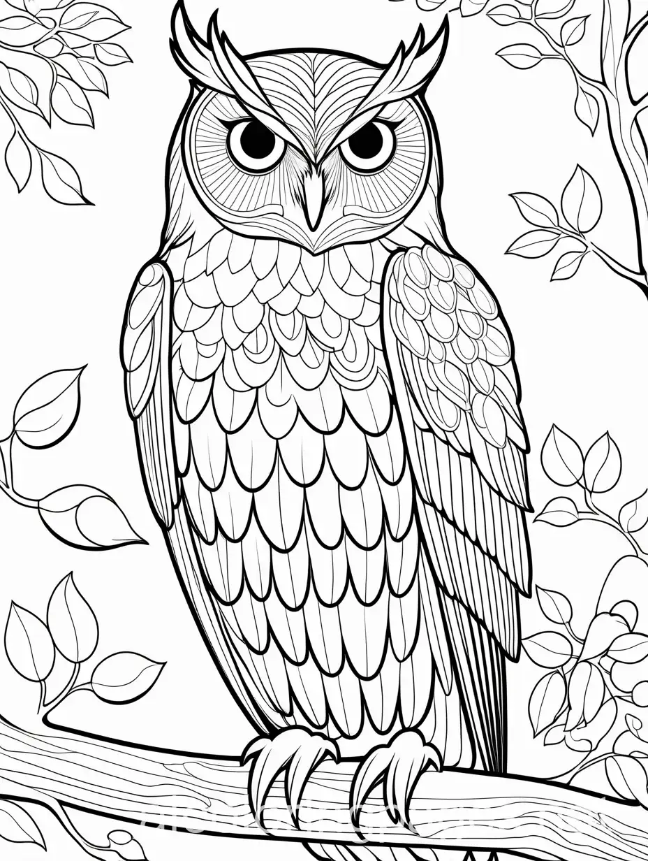 owl on a tree. Coloring Page, black and white, line art, white background, Simplicity, Ample White Space. The background of the coloring page is plain white to make it easy for young children to color within the lines. The outlines of all the subjects are easy to distinguish, making it simple for kids to color without too much difficulty, Coloring Page, black and white, line art, white background, Simplicity, Ample White Space. The background of the coloring page is plain white to make it easy for young children to color within the lines. The outlines of all the subjects are easy to distinguish, making it simple for kids to color without too much difficulty