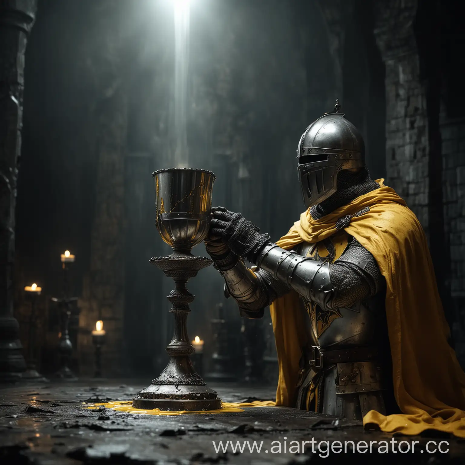 Рыцарь-крестоносец пьёт из серебряного священного кубка желтую жидкость, мрачная атмосфера