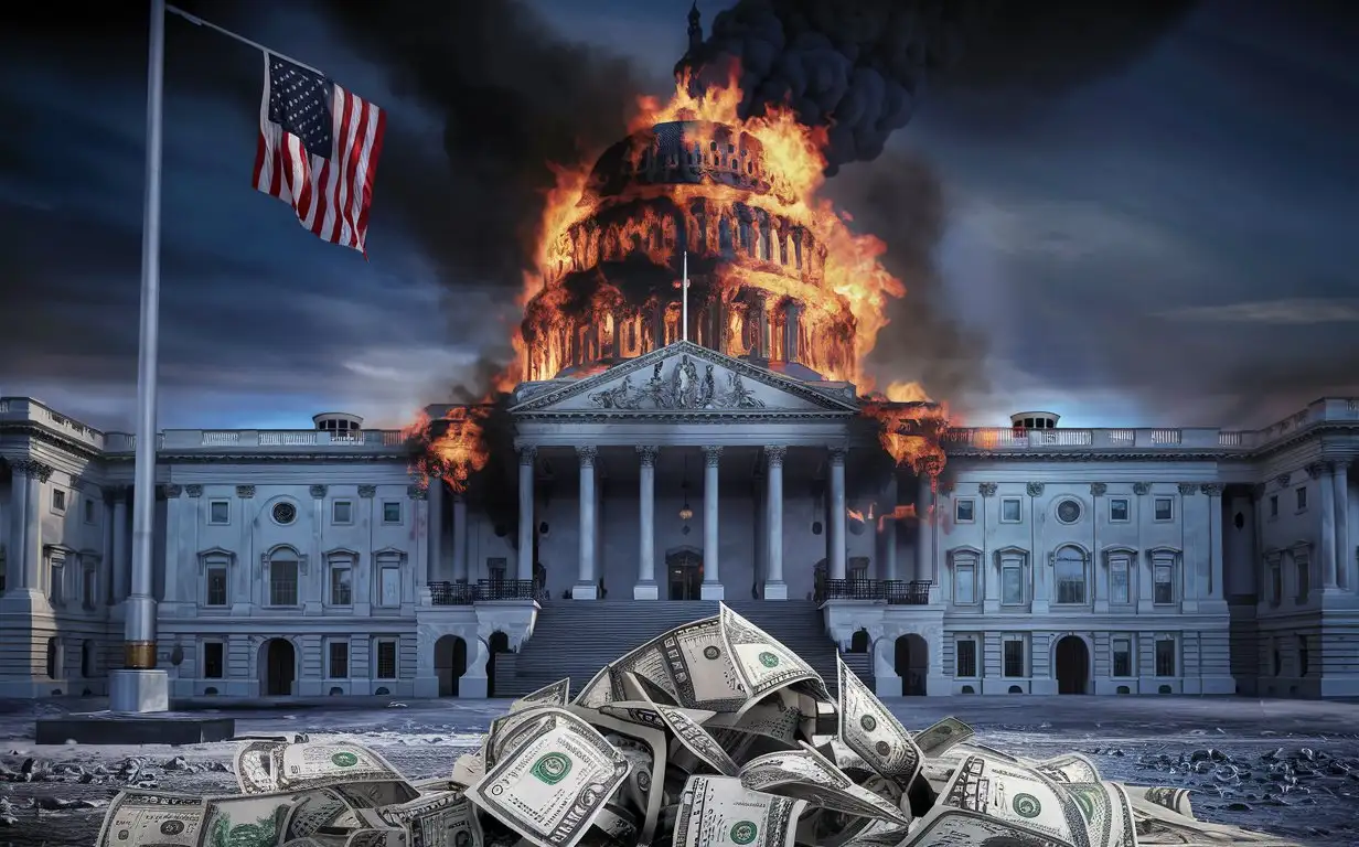 REALISTIC REAL Image Of US Government Collapse,  In Flames and dollar showing the end of US Supremacy WITHOUT People