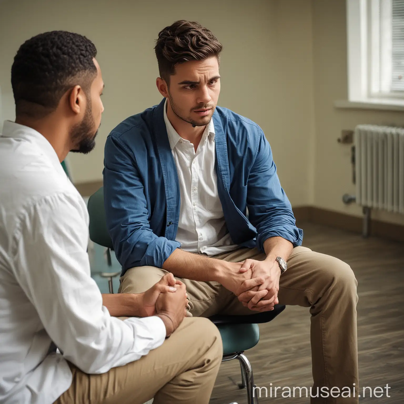A male being taught about building relationship with a therapist in a mental health hospital.
