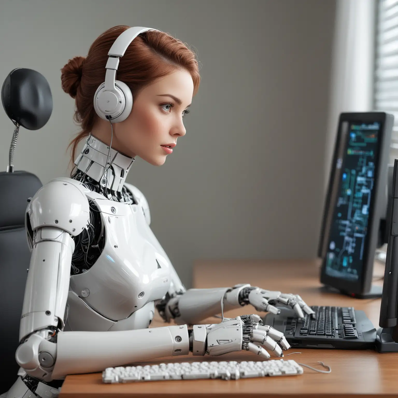 Female Humanlike Bot Making Phone Call at Desk