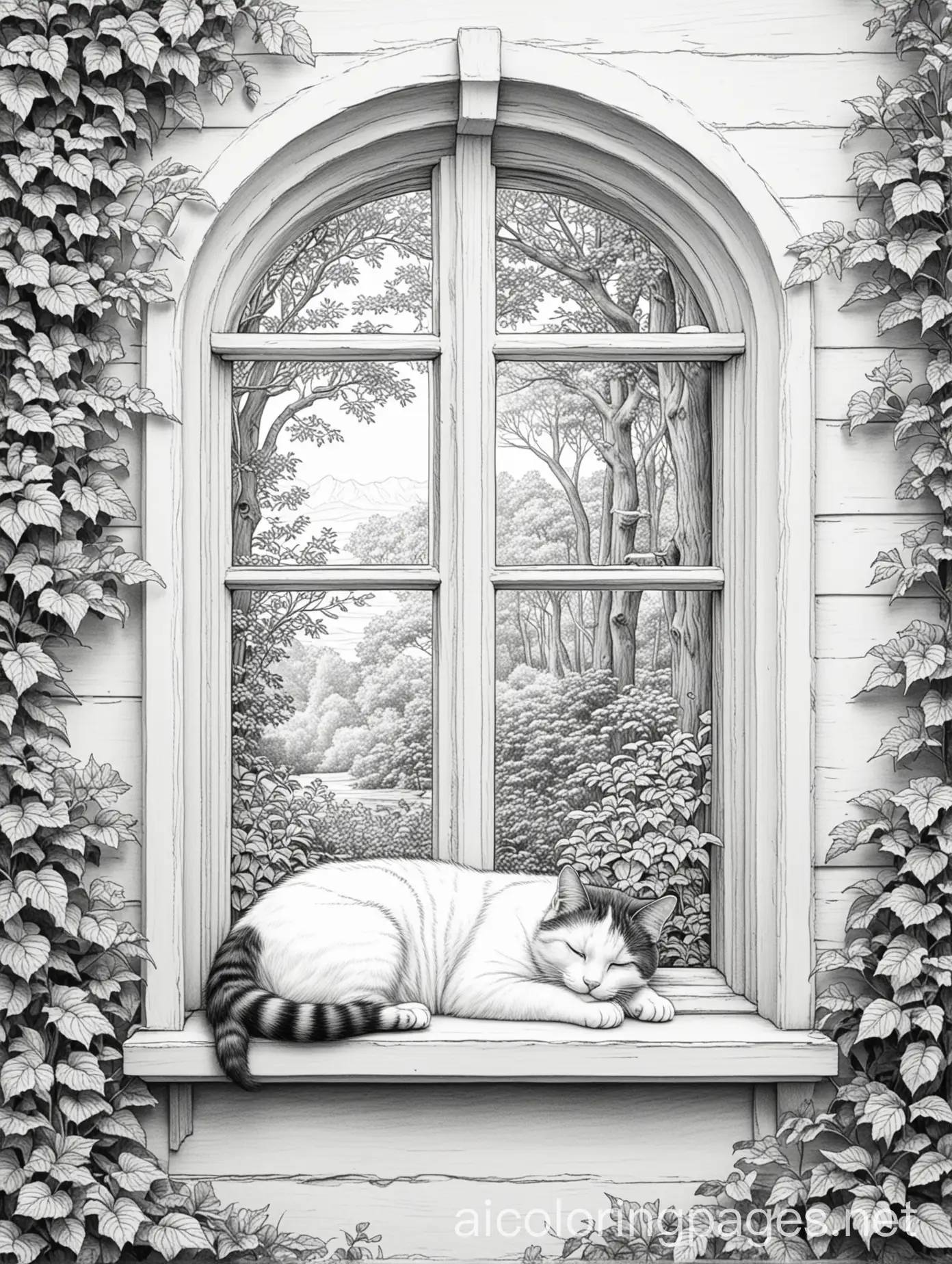 Cat sleeping in forest cottage window sill , Coloring Page, black and white, line art, white background, Simplicity, Ample White Space. The background of the coloring page is plain white to make it easy for young children to color within the lines. The outlines of all the subjects are easy to distinguish, making it simple for kids to color without too much difficulty