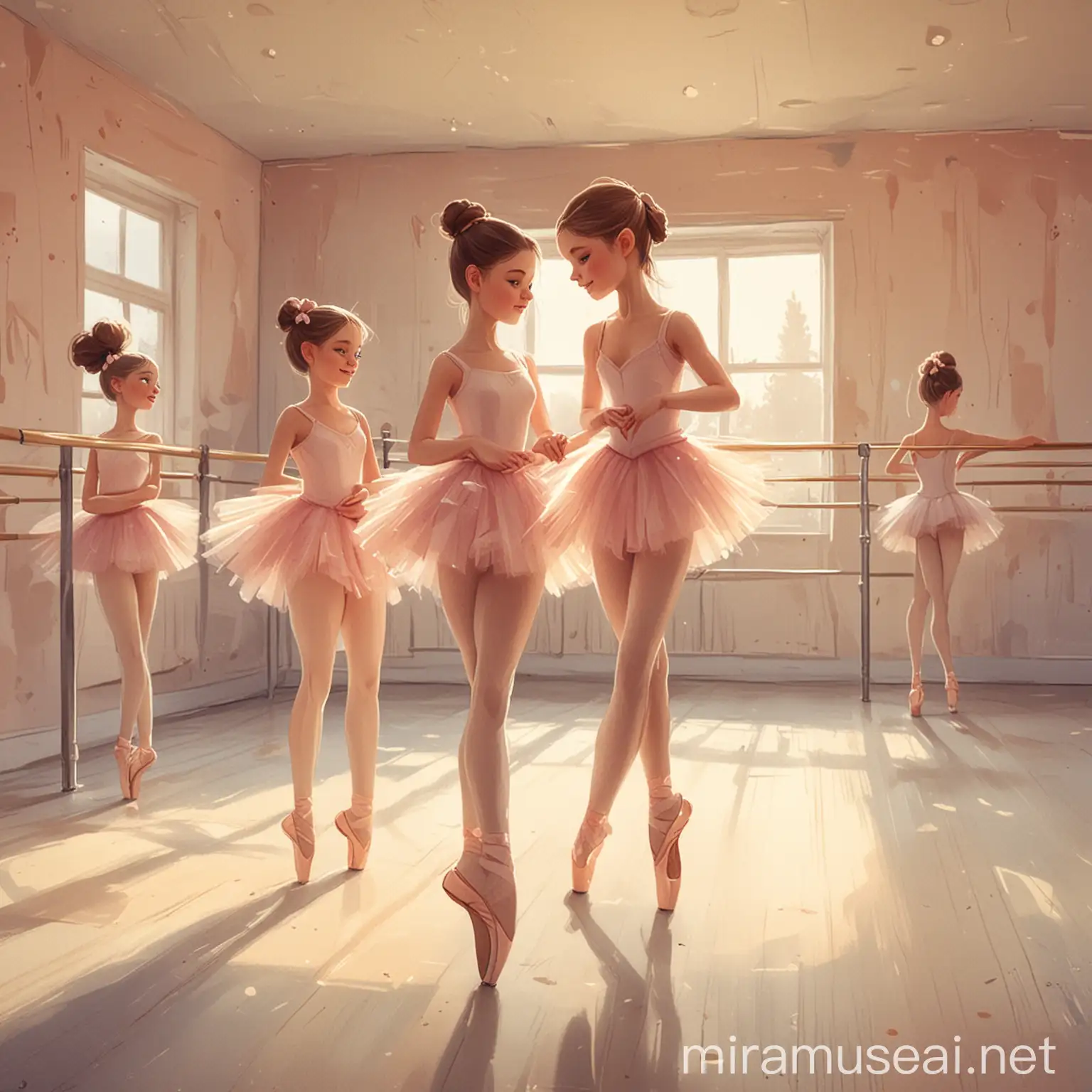  cartoon style image of ballerinas standing on pointe in a dance studio 