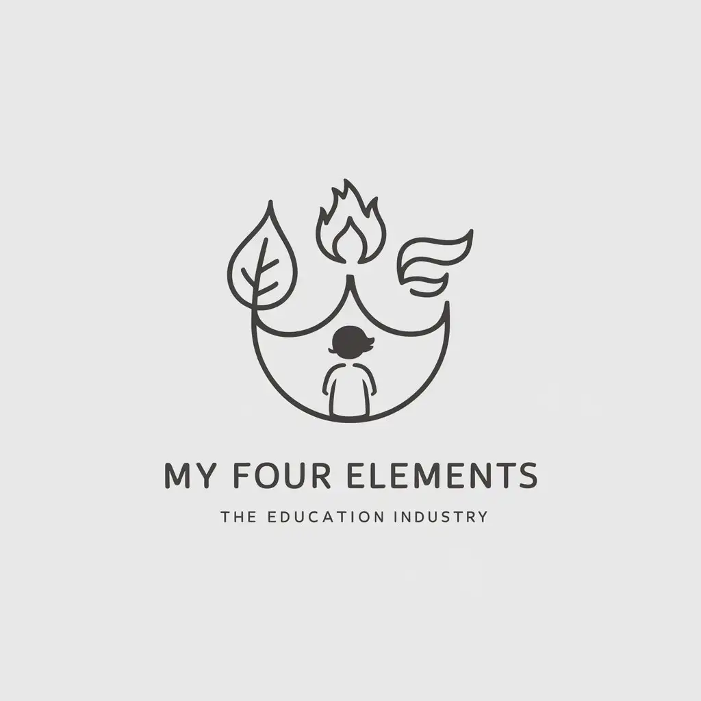 a logo design,with the text "my four elements", main symbol:tree leaf, fire, water, wind, child,Minimalistic,be used in Education industry,clear background