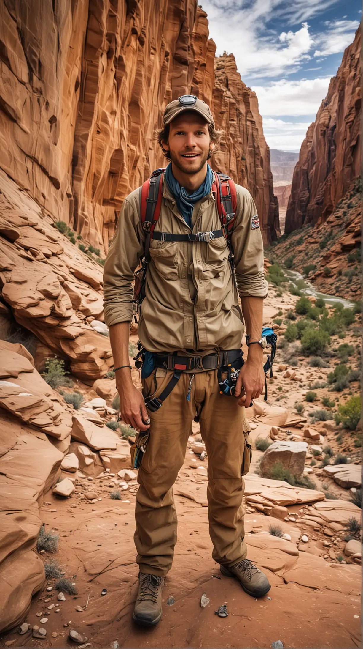 Create an image of 27-year-old American climber Aron Ralston standing at the entrance of a majestic, rugged canyon in Utah. The sky is clear, and he is equipped with hiking gear, looking excited and ready for his adventure.