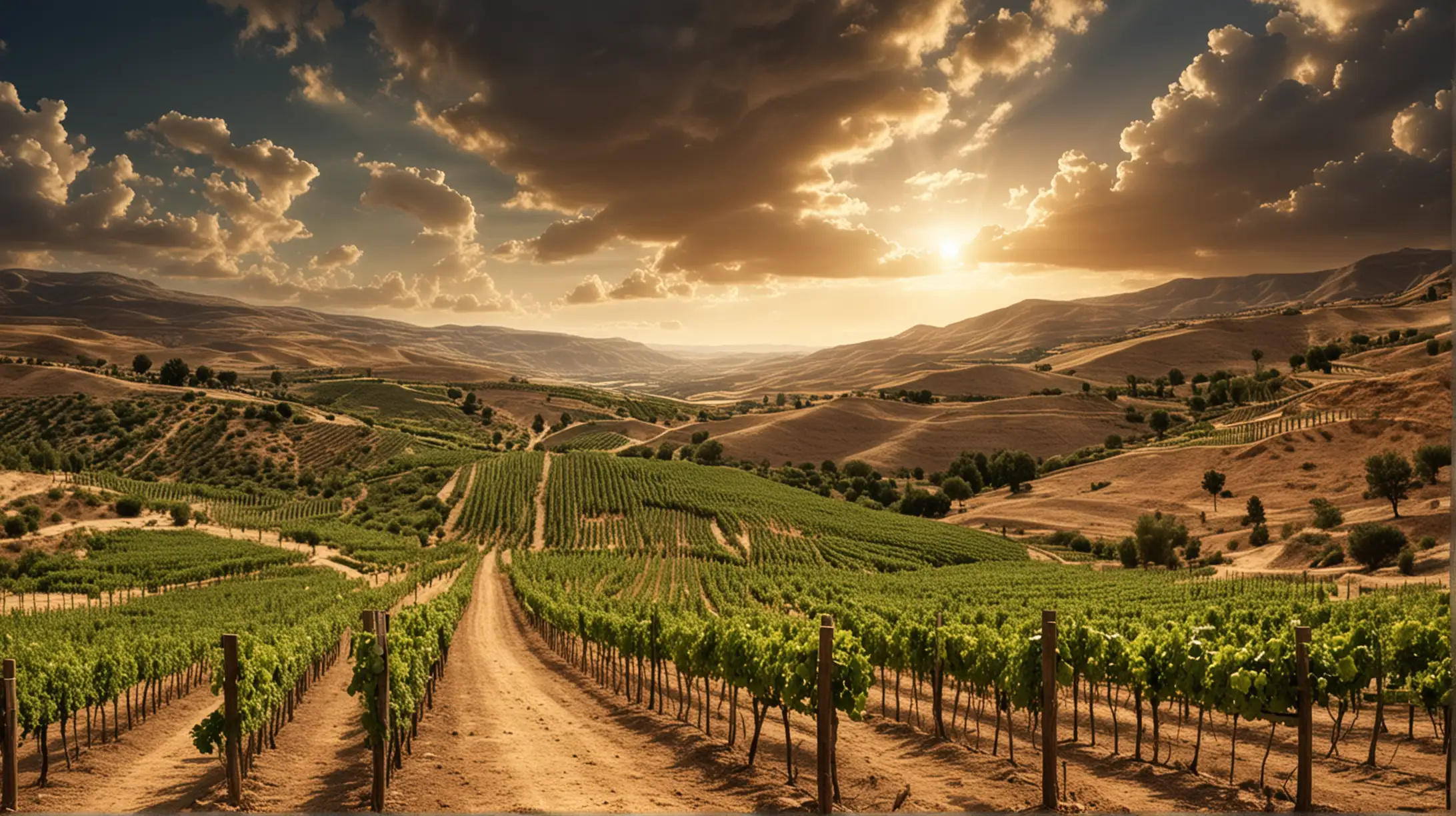 a vineyard, set on a hilly desrt area, with beautiful skies.  Set in the biblical era of Moses.