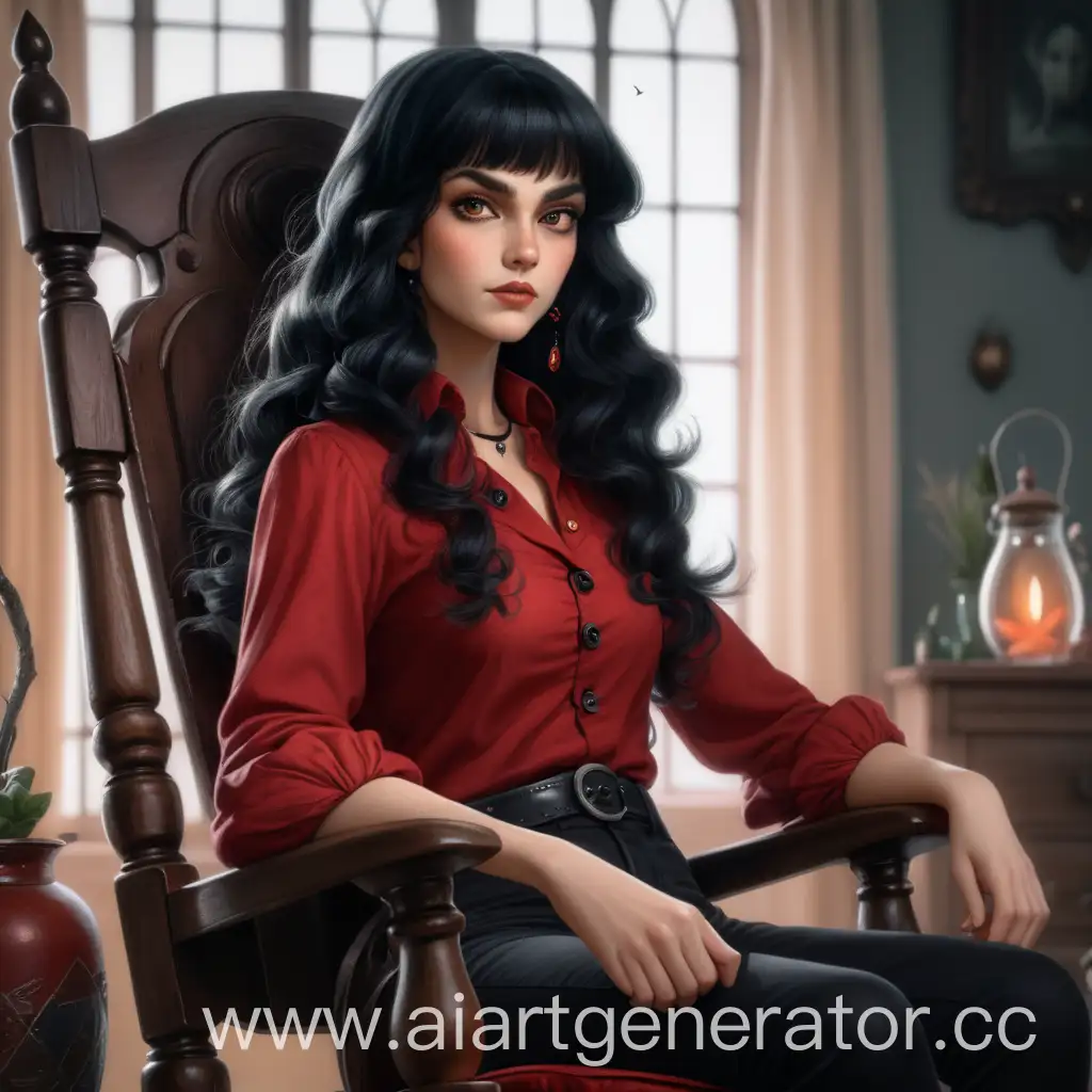 Mystical-Witch-in-Red-Blouse-and-Black-Pants-Rocking-on-Chair