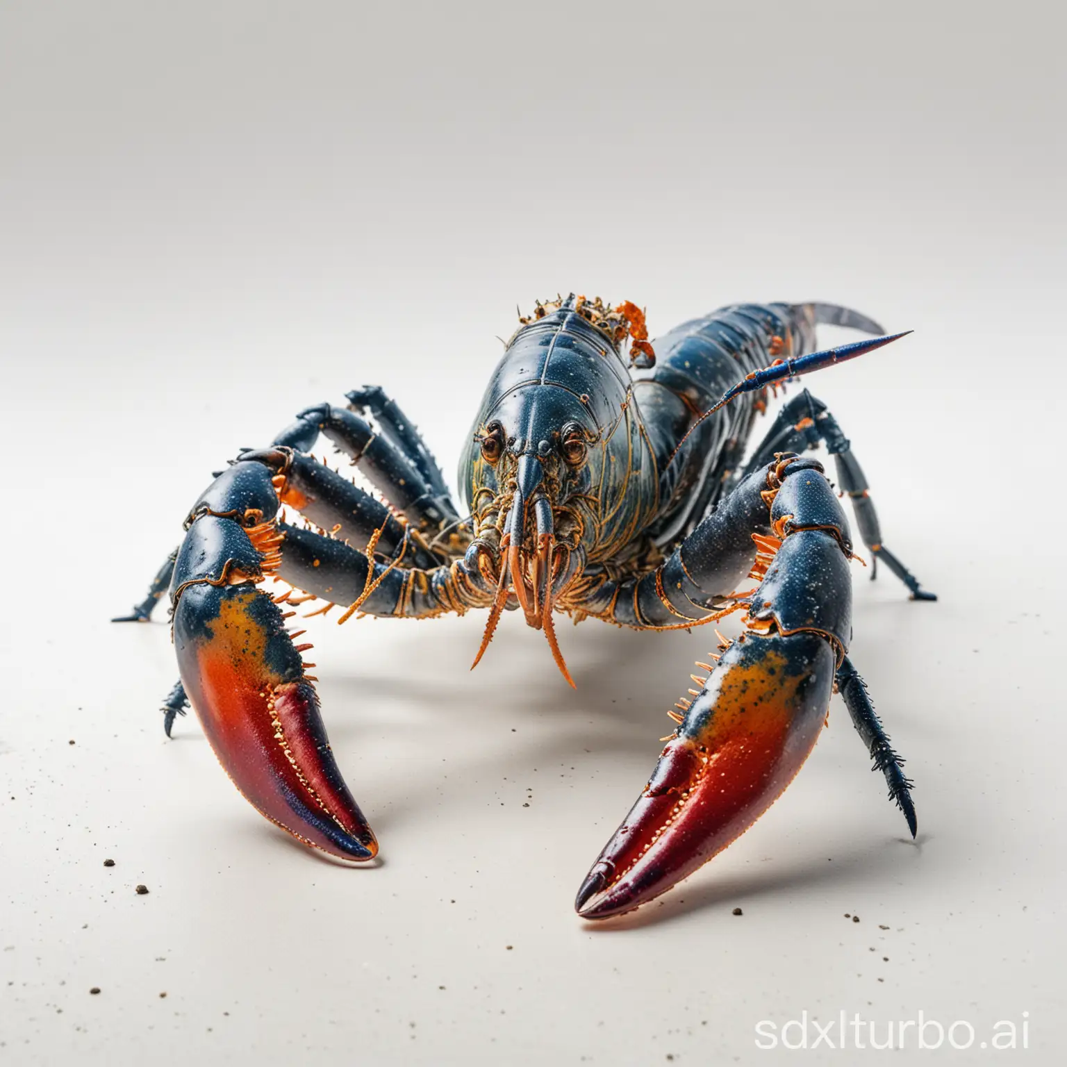 A colorful Australian lobster with white space around it, supported by its front legs, ultra clear, with photographic effects and a white background